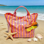 Personalized Beach Tote Bag with Name, Custom Embroidery Waterproof Striped Tote for Women, Large Capacity PVC Handbag for Summer Travel, Lightweight Beach Bag Gift for Mom Bridesmaid Birthday. | Waterproof fabric