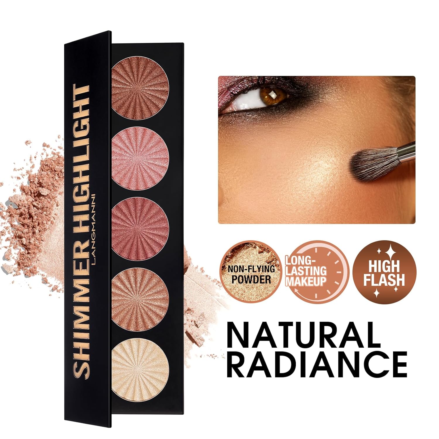 Highlighter Powder Palette, Makeup Palette Facial Bronzers Illuminator Palette Highlighter Baked Waterproof Long Lasting Brilliant Lighten Skin Color (5 Color, 1 Count (Pack of 1))