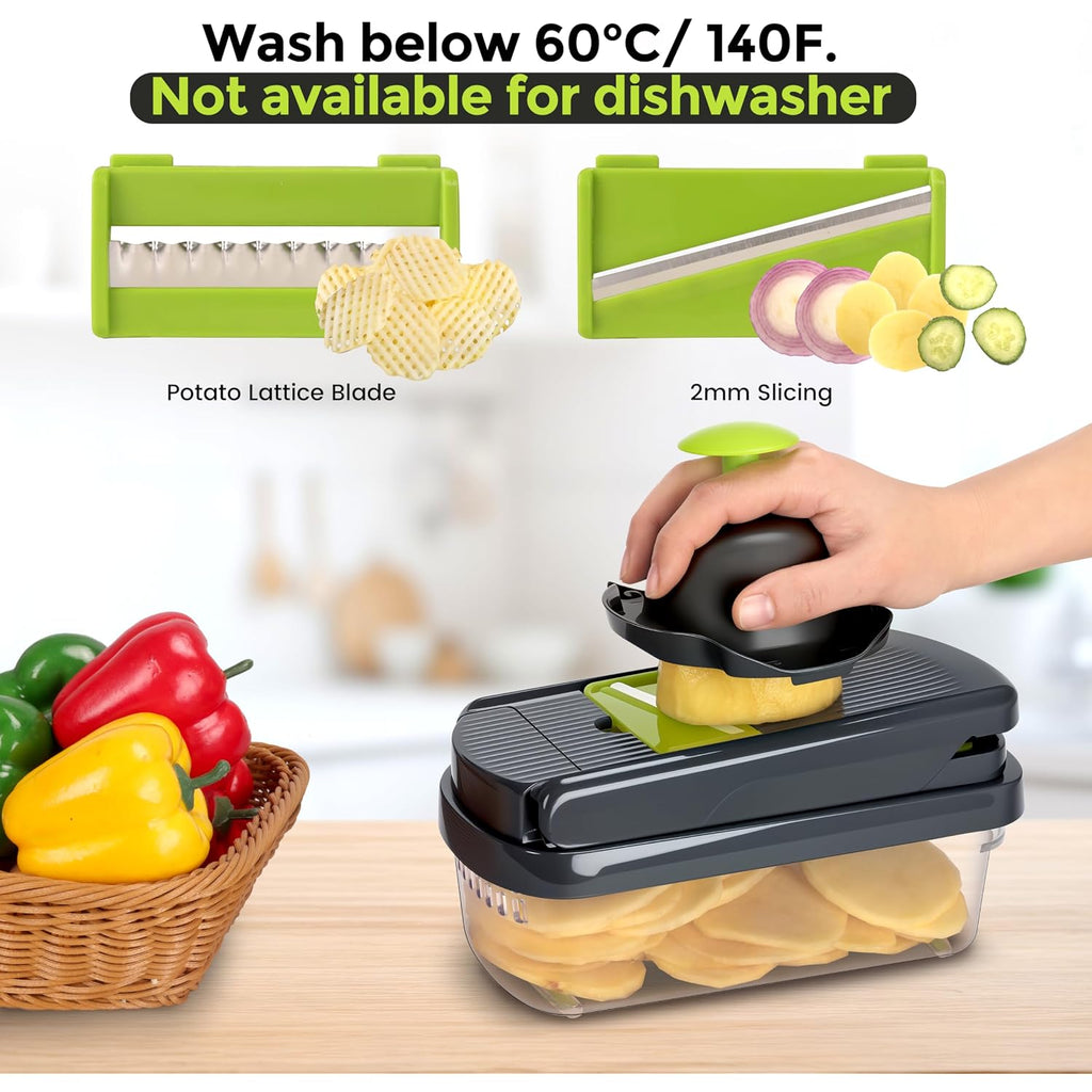 Yusshn Vegetable Chopper, 12-In-1 Food Veggie Chopper Cutter With Container | 7 Sharp Blades Dice, Slice, Shred And Grate For Salads, Onions And Meal Prep, With A Non-Slip Base And Drain Basket