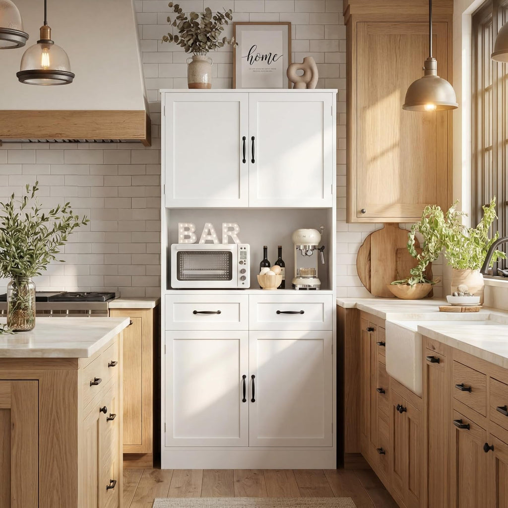 Hostack 71" Tall Kitchen Pantry Storage Cabinet, Wood Kitchen Hutch, White | Modern Pantry Cabinet With Microwave Stand, Hutch Cabinet With Countertop & Drawers, Storage Cabinet For Living Room