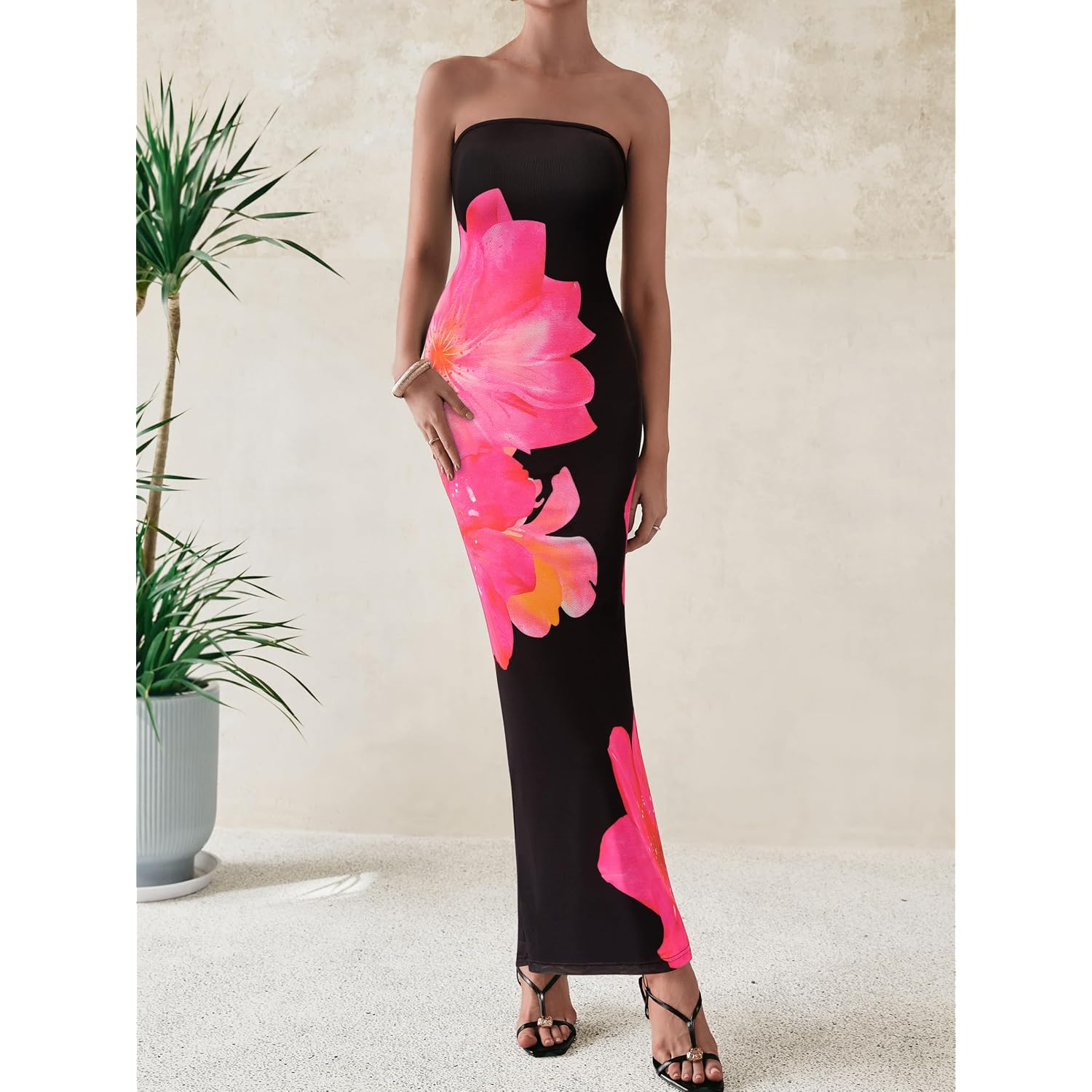 Prettygarden Women Summer Strapless Maxi Dress Bodycon Floral Sexy Long Wedding Guest Dress Formal Tube Mesh Cocktail Dresses