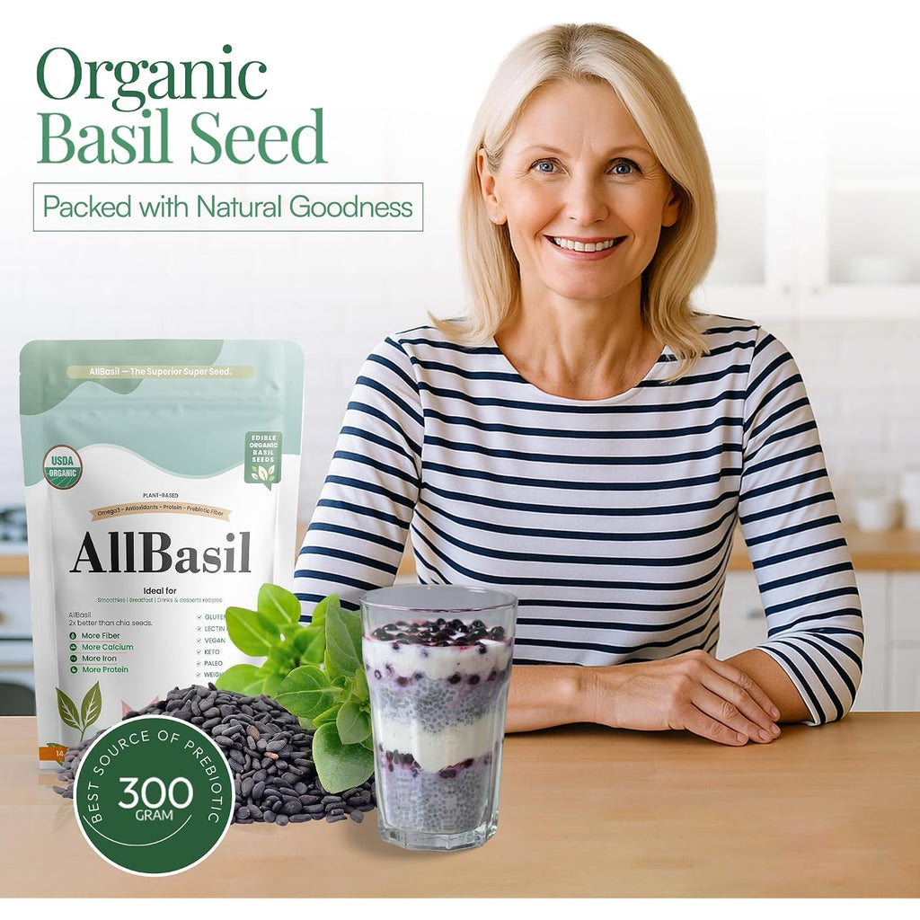 Edible All Basil Seeds 14Oz | Usda Organic, Non-Gmo, Kosher | High Fiber Superfood | Gluten Free, Vegan, Keto, Paleo | Prebiotic | Support Weigth Loss | Ideal For Smoothies, Green Juices & Desserts.