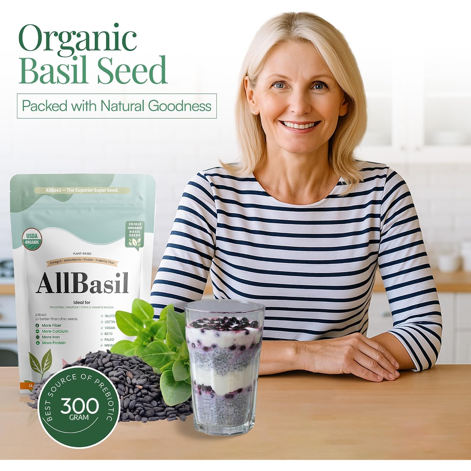 Edible All Basil Seeds 14Oz | Usda Organic, Non-Gmo, Kosher | High Fiber Superfood | Gluten Free, Vegan, Keto, Paleo | Prebiotic | Support Weigth Loss | Ideal For Smoothies, Green Juices & Desserts.