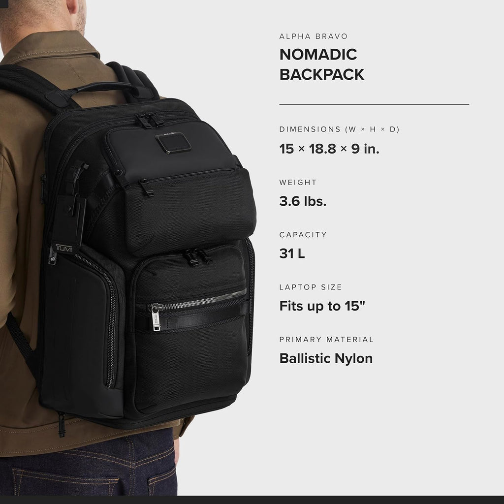 Tumi - Alpha Bravo Nomadic Backpack - Men'S Durable Carry On Bag - 18.8" X 15.0" X 9.0" - Fits Up To 15" Laptop - Black