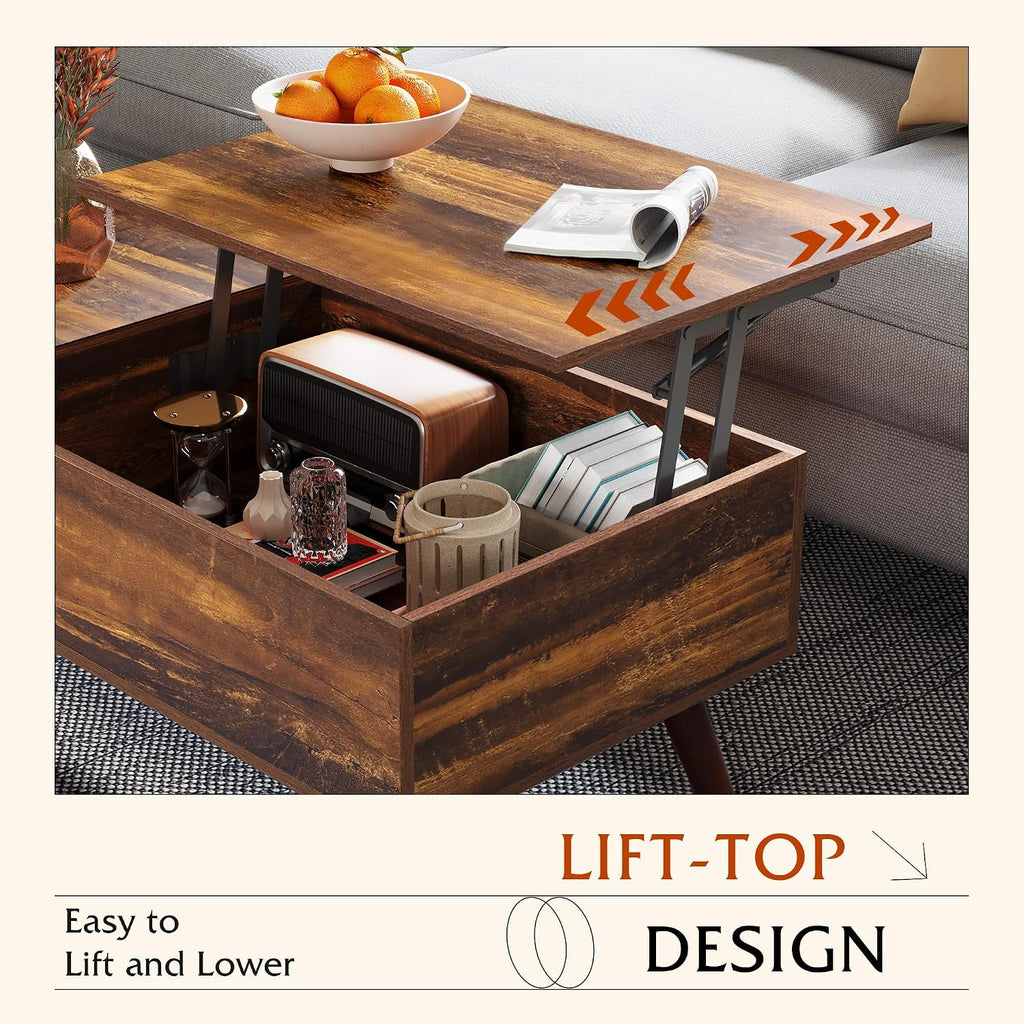 Wlive Coffee Table With Lifting Top, Hidden Storage & Adjustable Shelf For Living Room Small Space, Multifunctional Rising Wooden Center Table, Mid Century Modern Tables For Home Dining Office, Brown