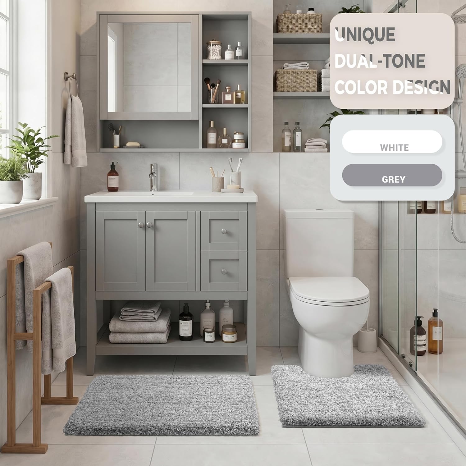Yimobra Bathroom Rugs Non Slip Washable, Ultra Soft and Water Absorbent Bath Mats, Fluffy Shower Mat Outside, Plush Matts for Bathroom Floor/Sink, 24X17, Home Decor Accessories, Light Gray and White