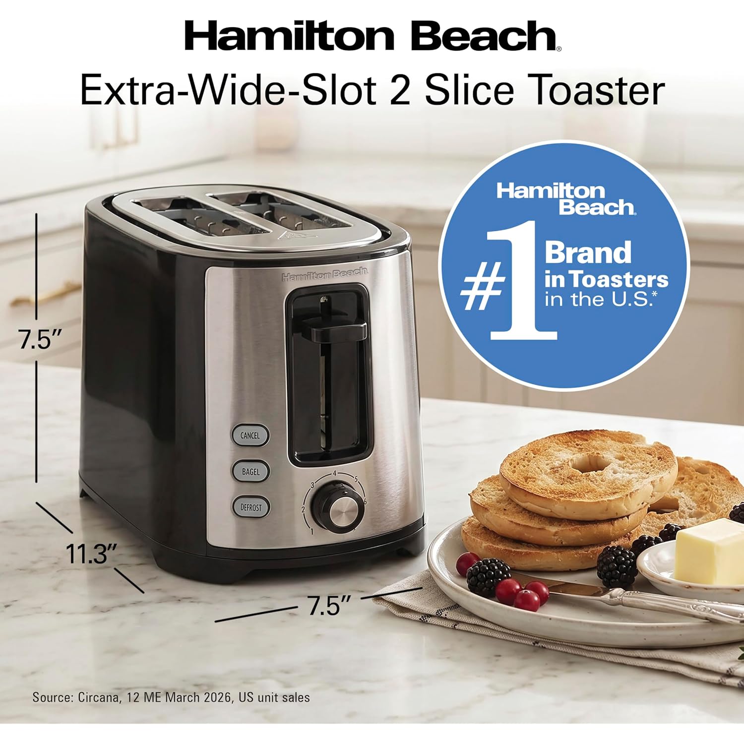 Hamilton Beach Extra-Wide Slot 2 Slice Toaster With Bagel & Defrost Buttons | Browning Control With 7 Shades | Auto Shutoff | Toast Boost | Slide-Out Crumb Tray | Black & Stainless Steel | 22633G