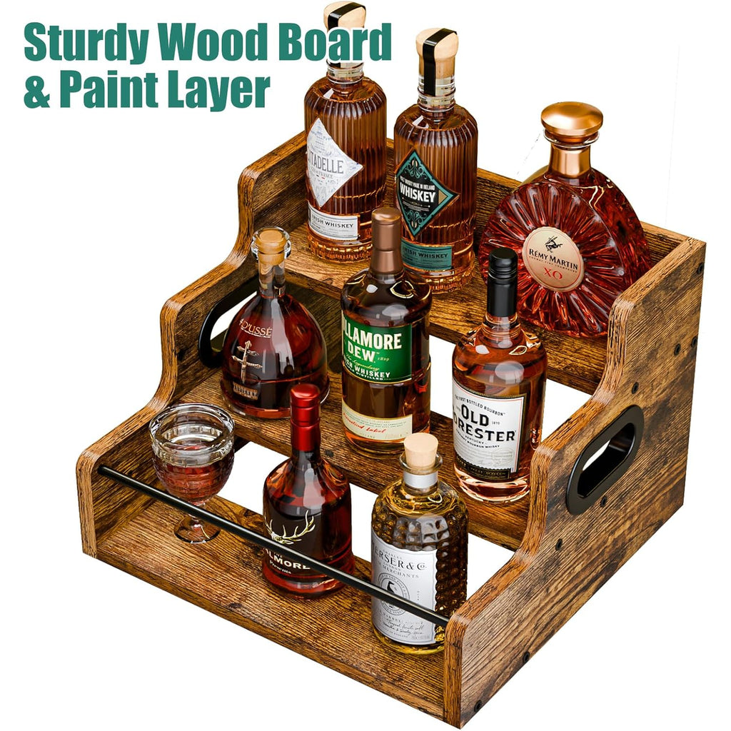 Klm Liquor Bottle Display Shelf, Coffee Syrup Rack Organizer, 3 Step Countertop Liquor Wine Rack, Mini Bar,Liquor Cabinet, Home Retro Bar Shelf Stand For Liquor Whiskey, Spirits