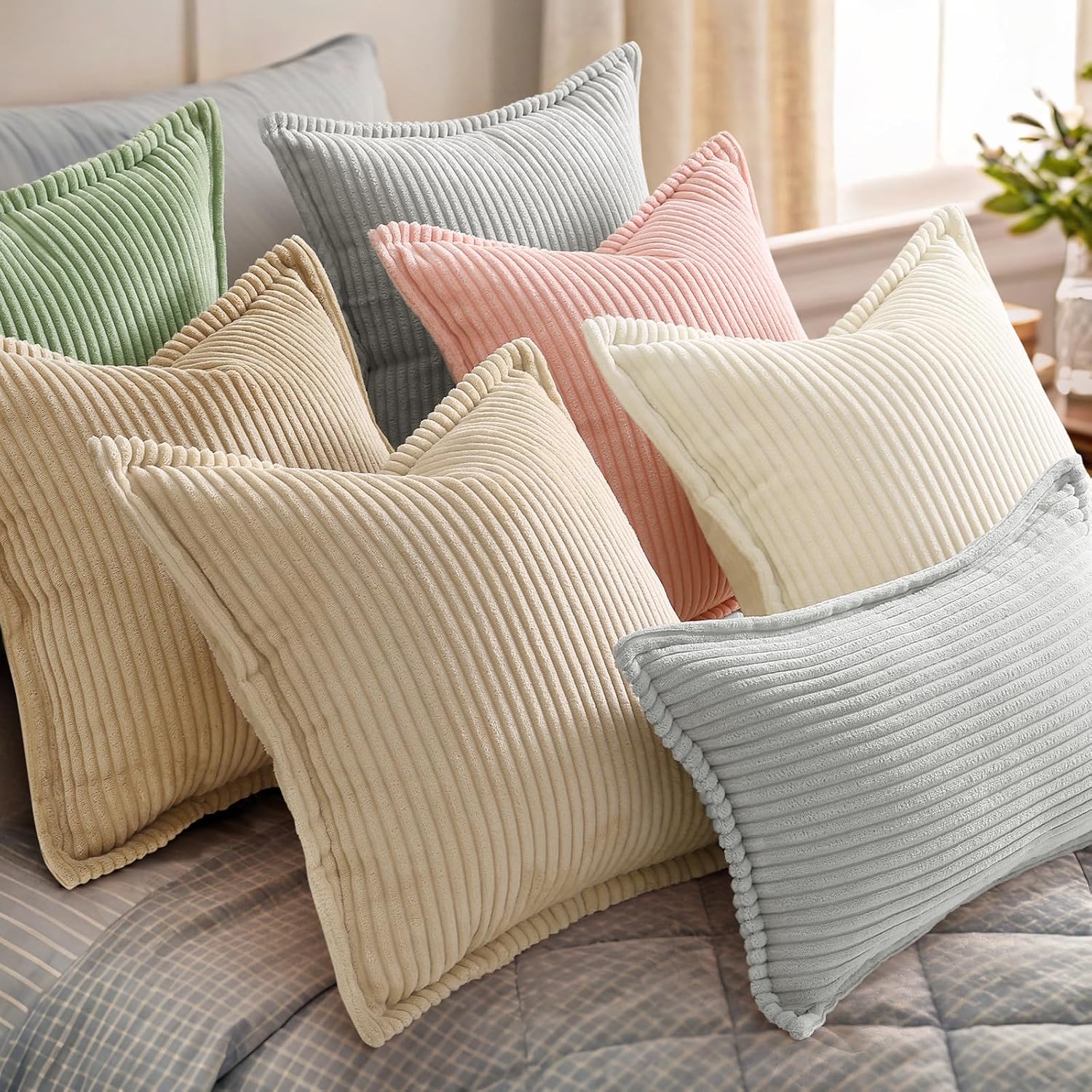 Decoruhome Fall Corduroy Cream White Throw Pillow Covers 18X18 Set Of 2 Decorative Soft Boho Farmhouse Couch Pillow Covers For Living Room Bed Sofa Broadside Striped Pillow Cases