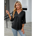 Womens Button Down Shirts 3/4 Sleeve Dressy Casual Tops Pleated Satin Silk Business Blouses 2026