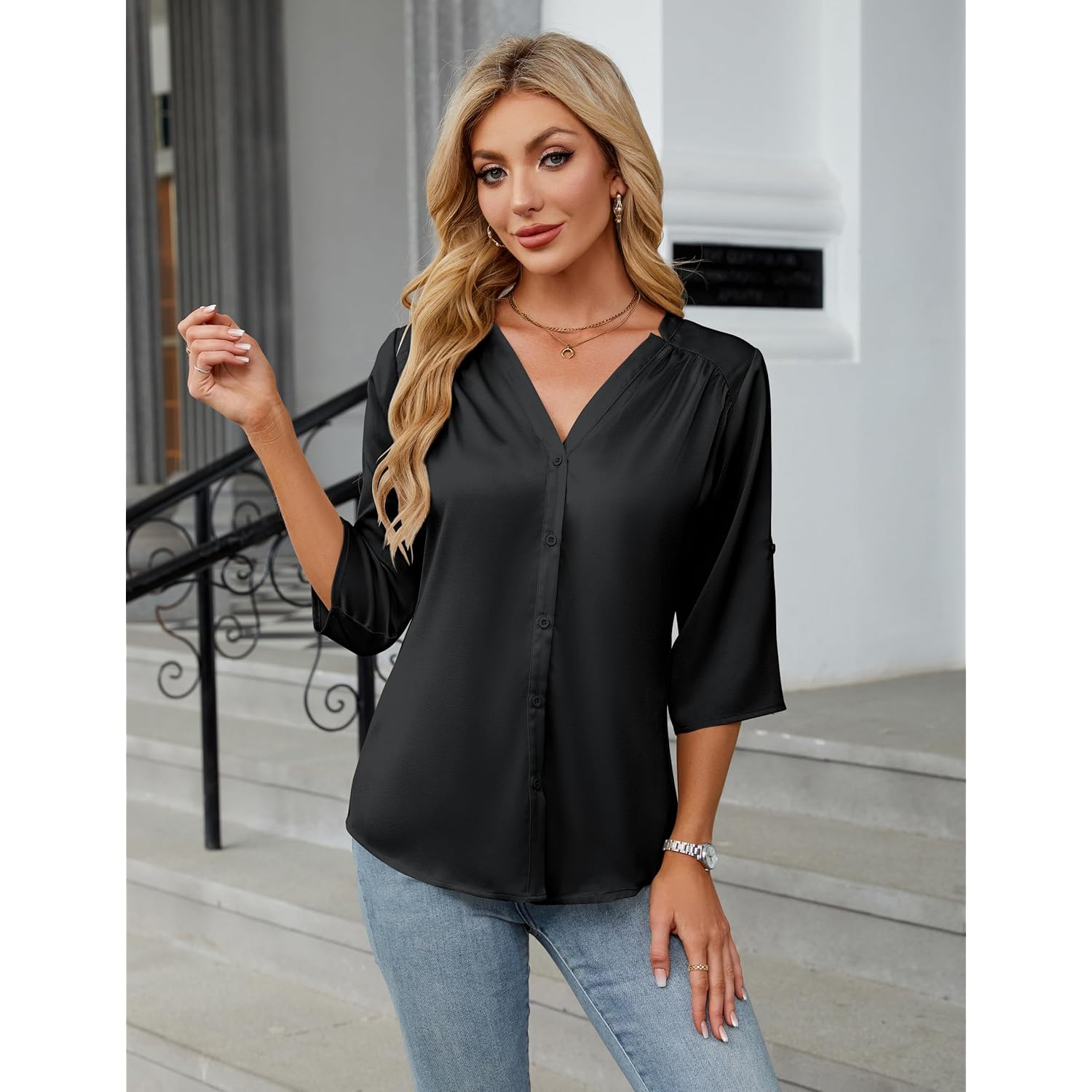 Womens Button Down Shirts 3/4 Sleeve Dressy Casual Tops Pleated Satin Silk Business Blouses 2026