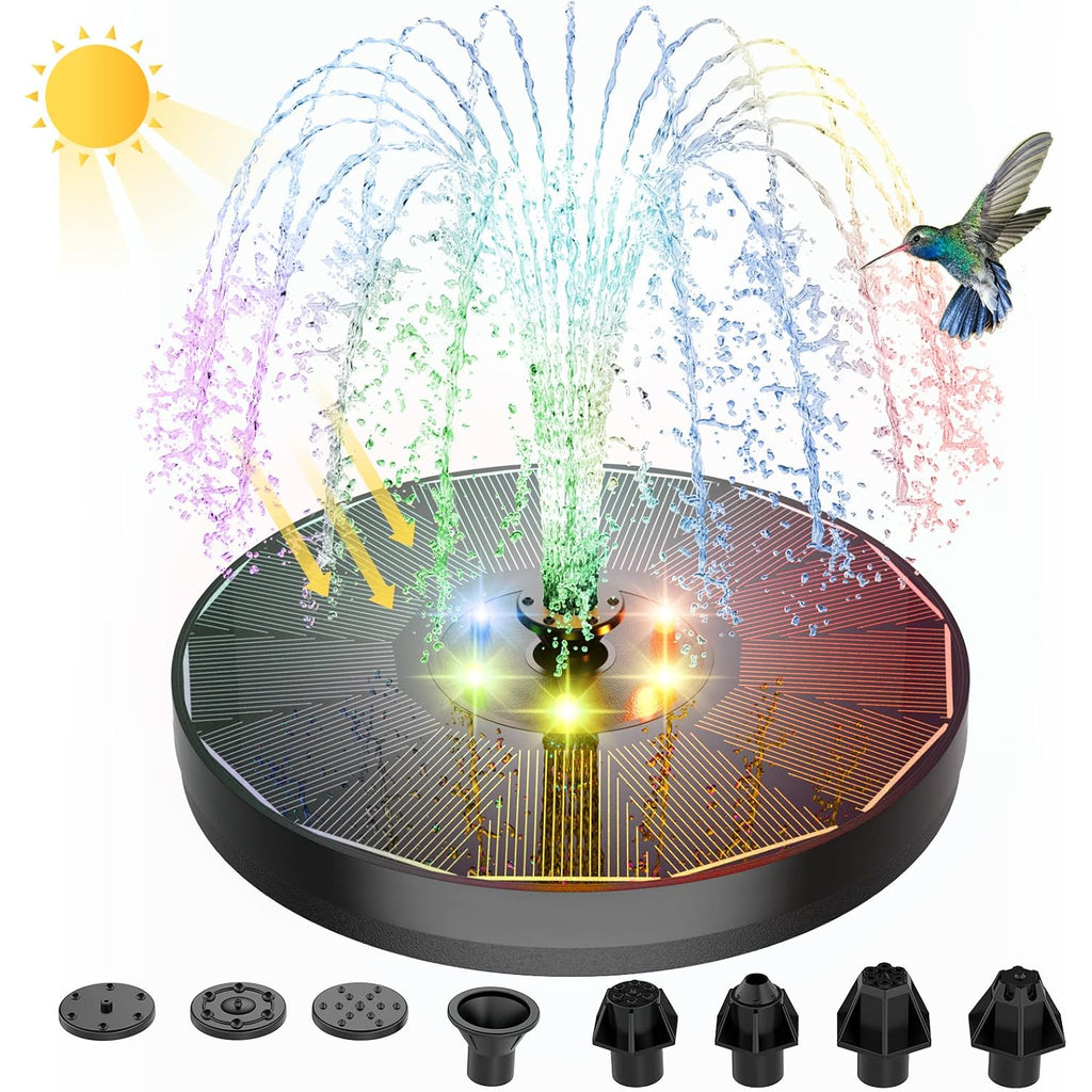 Solar Powered Fountain 4W Bird Bath Fountains Pump Upgraded Glass Panel Fountains With Color Led Lights 7 Nozzles & 4 Fixers For Garden Small Pond Outdoor Swimming Pool Fish Tank