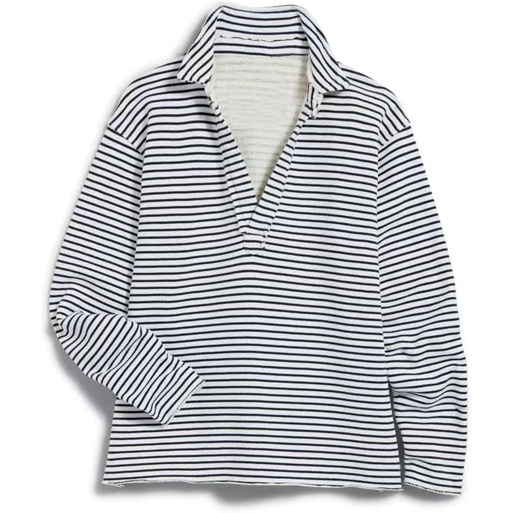 Women's Casual V Neck Pullover Sweatshirt Long Sleeve Solid Color/Stripe Polo Collared Shirts Tops