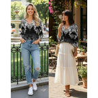 Womens Tops Dressy Casual Pleated Button Neck Summer Blouses 3/4 Flared Sleeve Fall Shirts