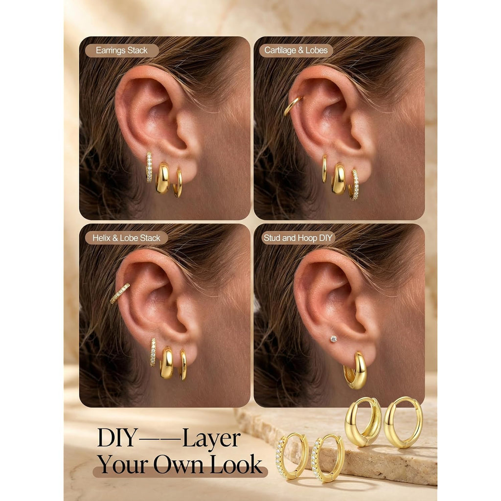 9 Pairs Gold Huggie Hoop Earrings Sets for Women, 14K Gold Plated Small Hoop Earring Sets for Multiple Piercing, Hypoallergenic Thick Lightweight Earring for Womens Jewelry Gifts