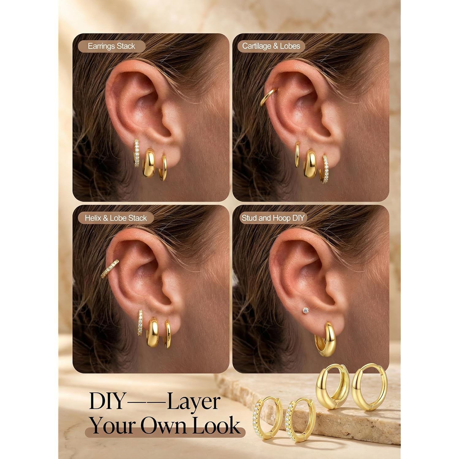 9 Pairs Gold Huggie Hoop Earrings Sets for Women, 14K Gold Plated Small Hoop Earring Sets for Multiple Piercing, Hypoallergenic Thick Lightweight Earring for Womens Jewelry Gifts