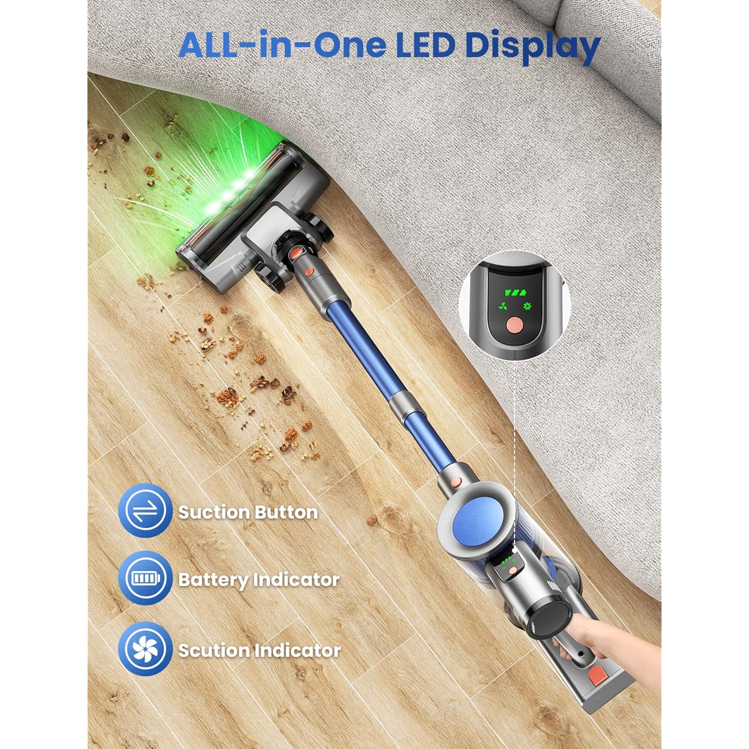 Dzaki Cordless Stick Vacuum Cleaner, 650W 55Kpa Brushless Motor, 60-Min Runtime, Detachable Battery, Anti-Tangle, Self-Standing, Vacuum Cleaners For Home, Pet Hair, Carpet & Hardwood Floors