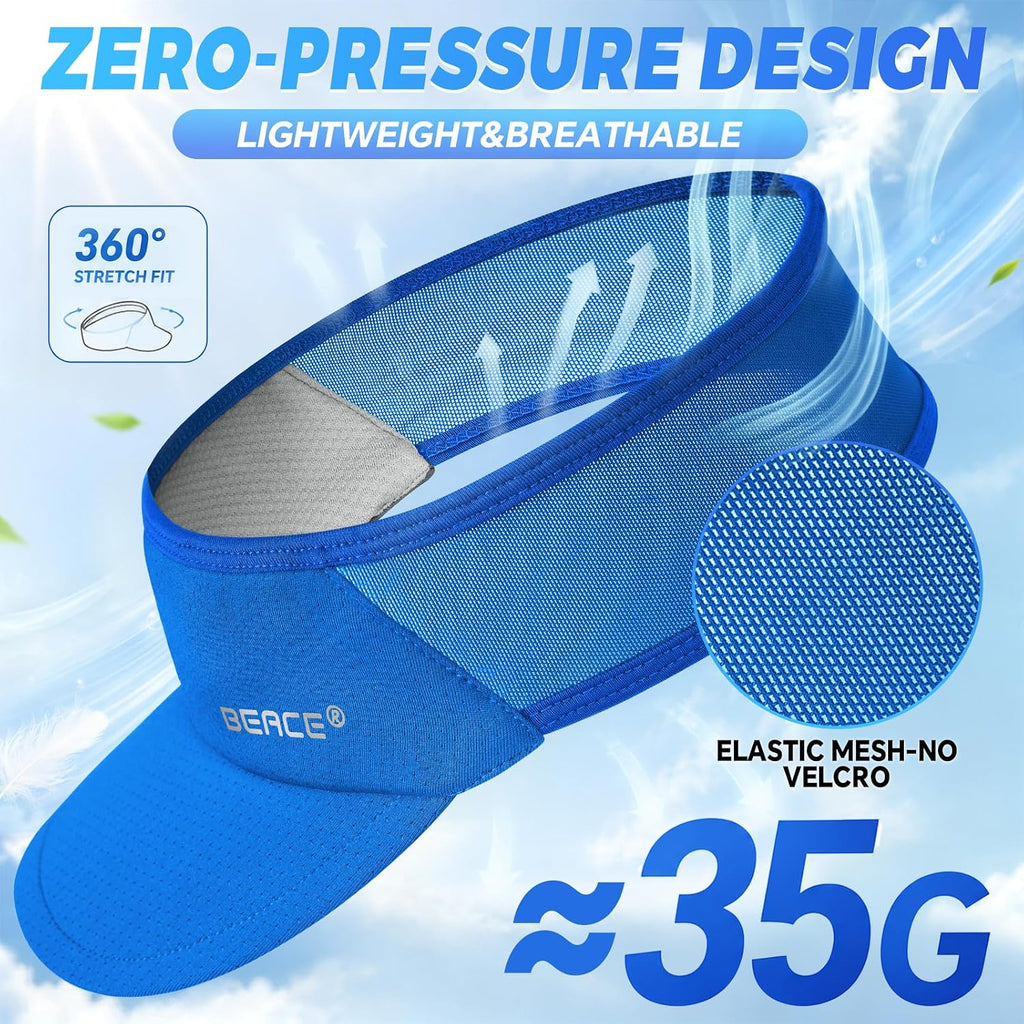 BEACE Sun Visor Hat Women Men-Lightweight Wicking Stretchy Sports Sunvisor Cap for Golf Tennis Running Pickleball Beach Bule