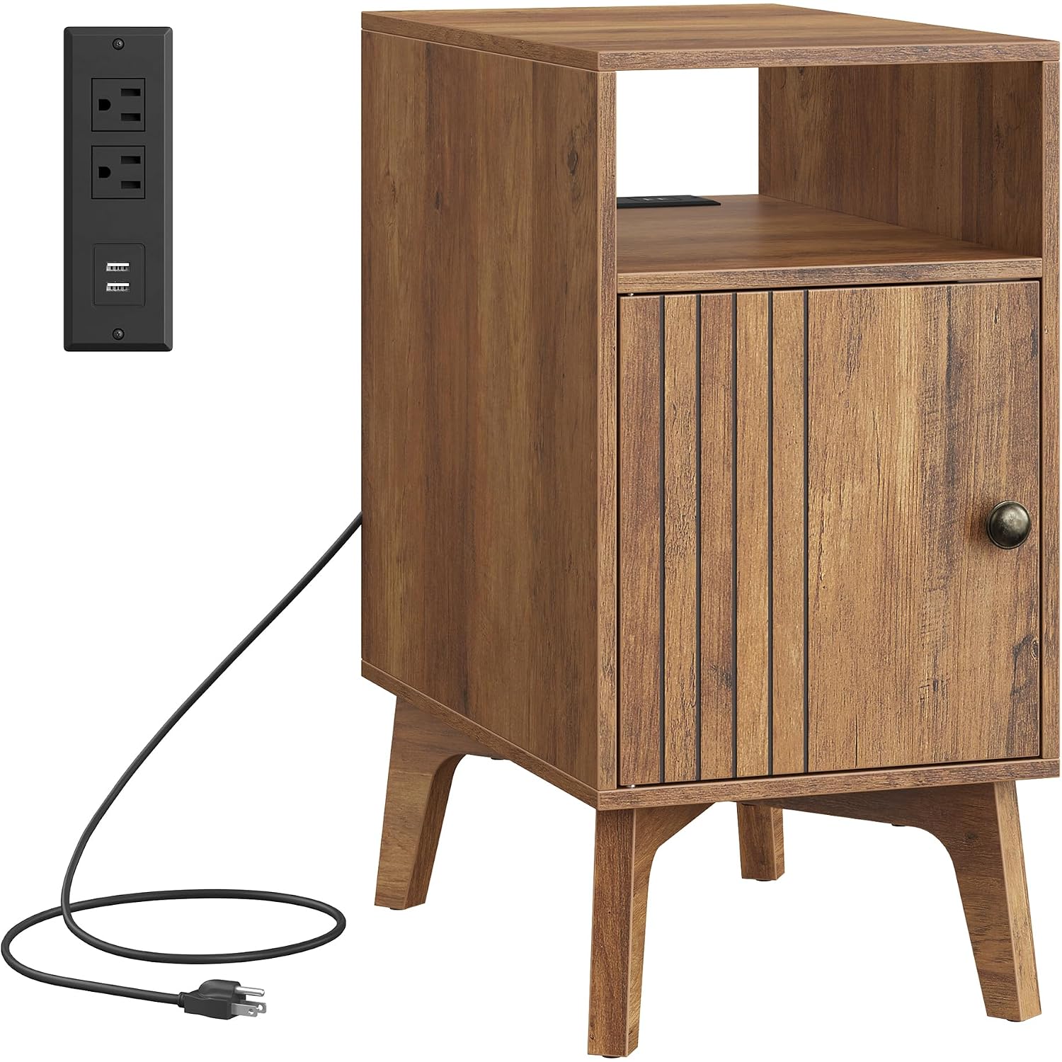 Vasagle Maezo Collection - End Table With Charging Station, Narrow Side Table, Nightstand With Tapered Legs, Curved Transitions, For Small Spaces, Bedroom, Honey Brown Ulet329K101S