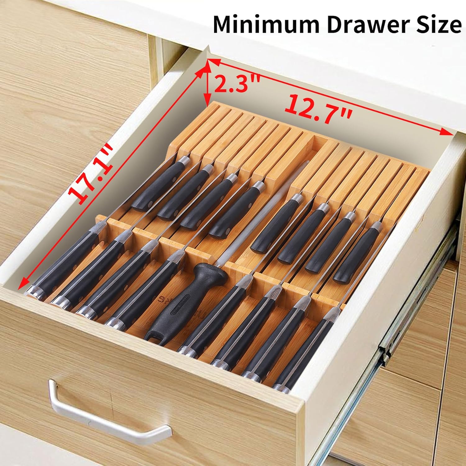 Utoplike In-drawer Knife Block Bamboo Kitchen Knife Drawer Organizer Large, handle Steak knife Holder without Knives, Fit for 16 Knife and 1 Sharpening Steel (Knives & Sharpening Not Included)