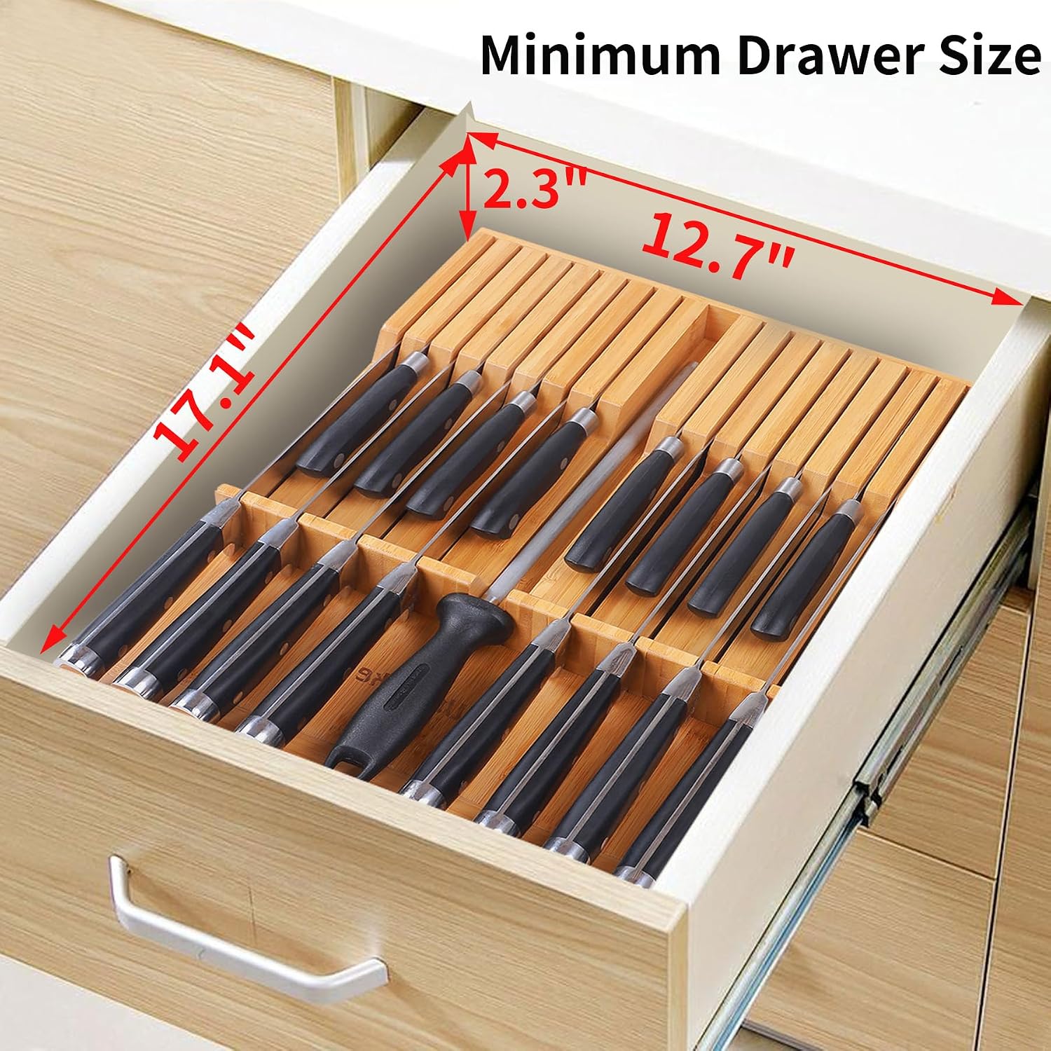 Utoplike In-Drawer Knife Block Bamboo Kitchen Knife Drawer Organizer Large, Handle Steak Knife Holder Without Knives, Fit For 16 Knife And 1 Sharpening Steel (Knives & Sharpening Not Included)