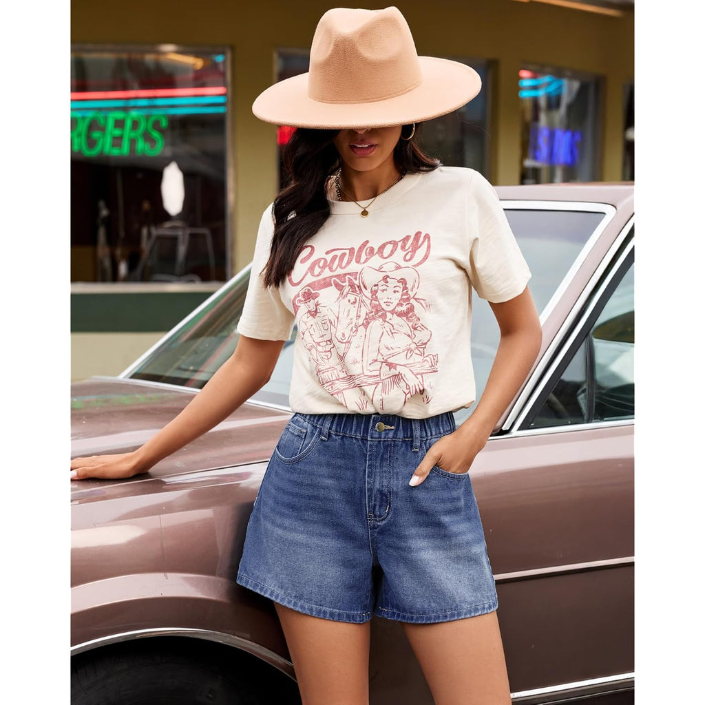 Jean Shorts for Women High Waisted Baggy Wide Leg Elastic Waist Mom Denim Shorts 4" Inseam Casual Summer Jorts