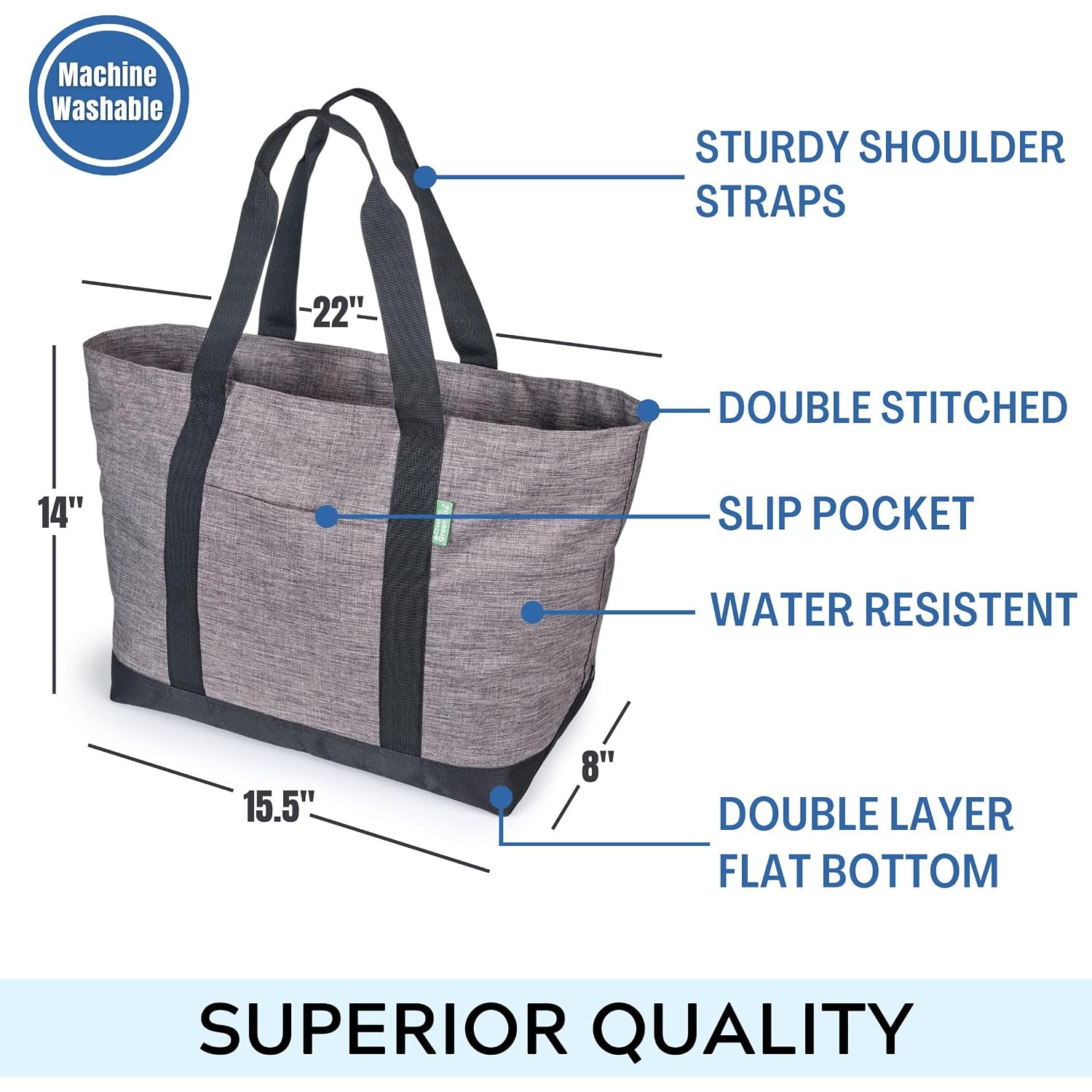 Creative Green Life Extra Large Tote Bag, Gray | Canvas Style, Carry-All, Zipper Closure, Fully Lined, For Work, School, Gym, Shopping, Travel, Overnight Bag