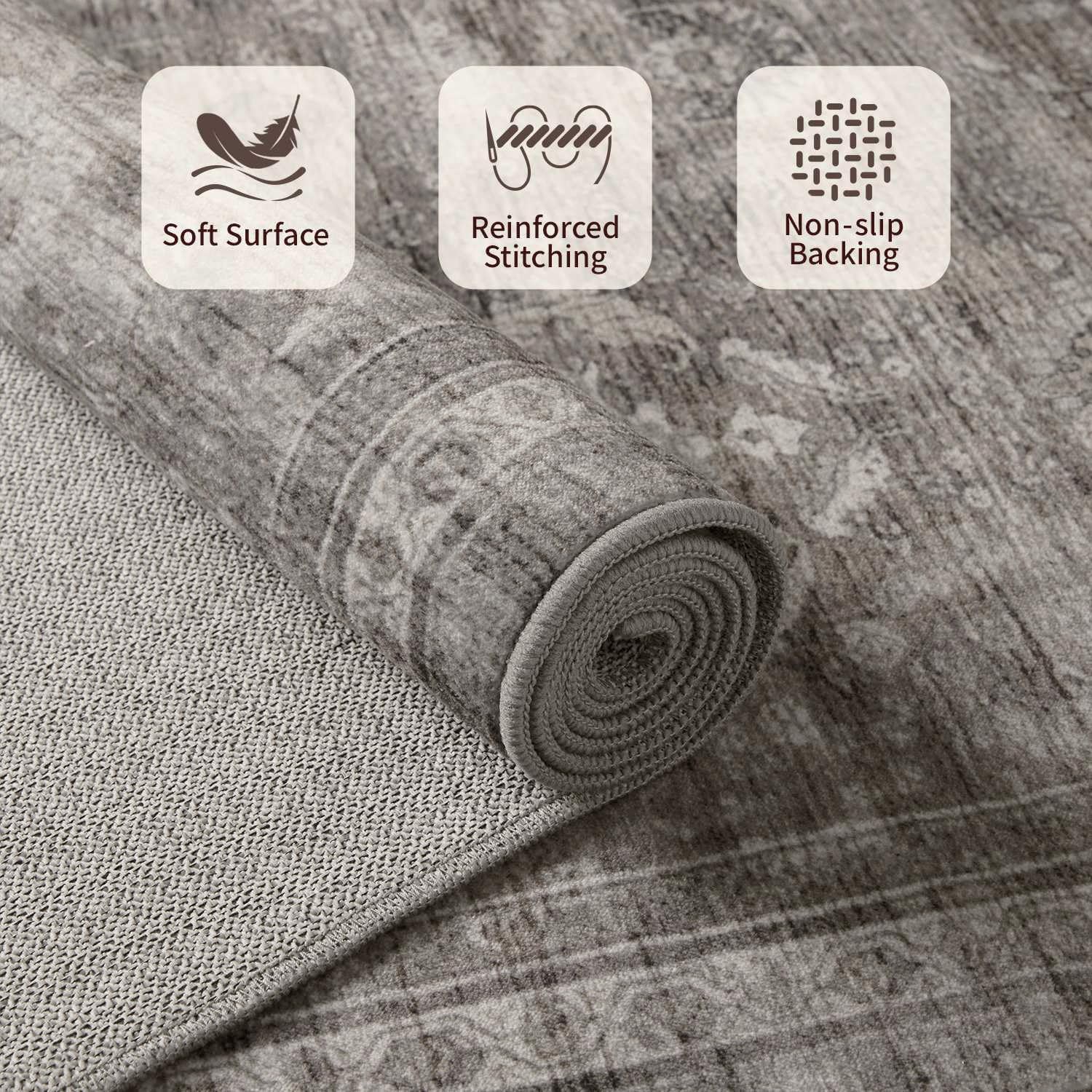 Area Rugs 5X7 For Living Room Bedroom, Grey Washable Rug, Vintage Retro Boho Rug, Non Slip & Low Pile Faux Wool Thin Carpet For Indoor Dining Room, Dorm And Kids Room(Taupe/Grey 5X7Ft)