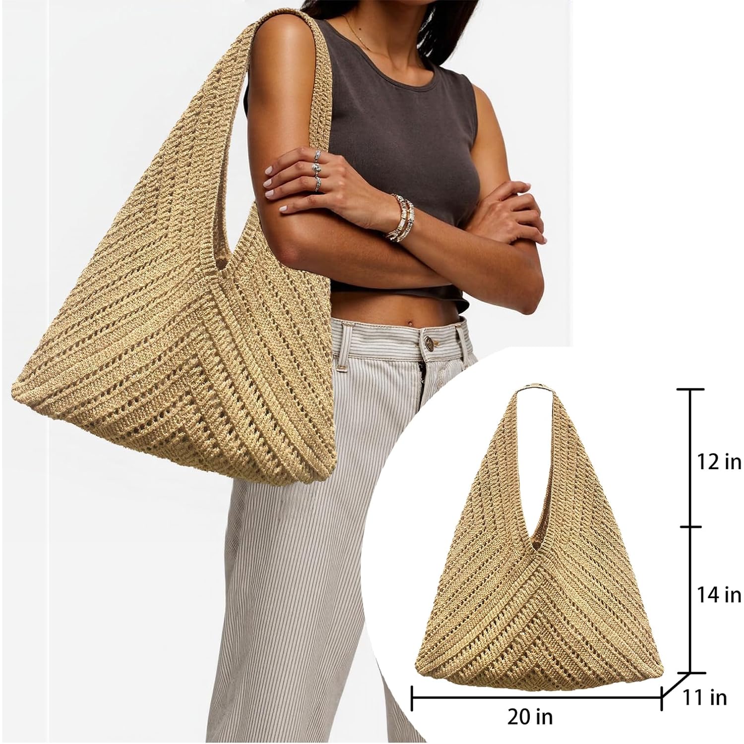 Crochet Beach Tote Bag Summer Vacation Handbags Beach Bag For Women Cute Woven Shoulder Purses Mesh Knit Crochet Bag