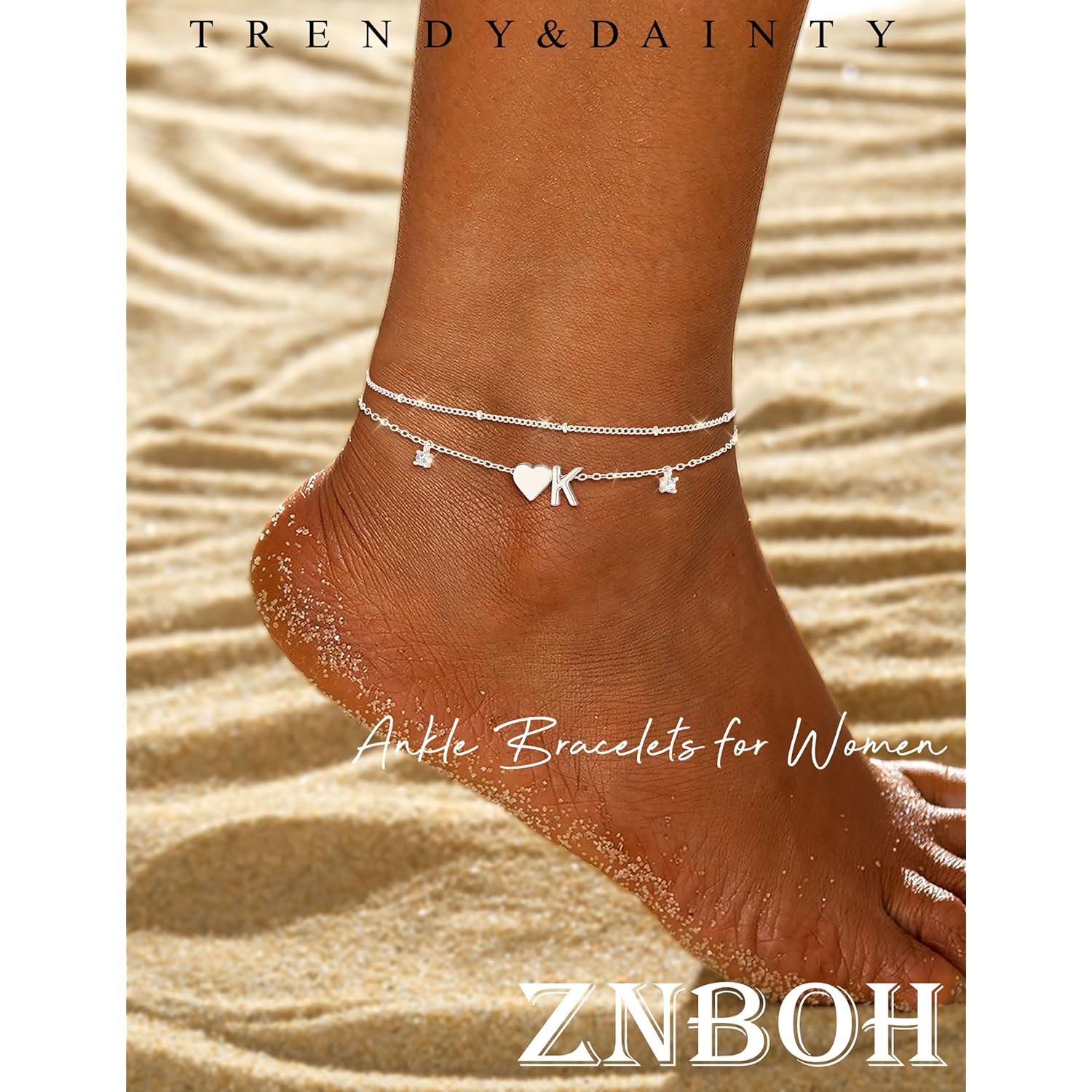 Silver Ankle Bracelets For Women 14k Gold Plated Initial Anklets For Women Waterproof Non Tarnish Dainty Layered CZ Letter A-Z Heart Charm Anklet Set Summer Beach Foot Chain Jewelry Gift