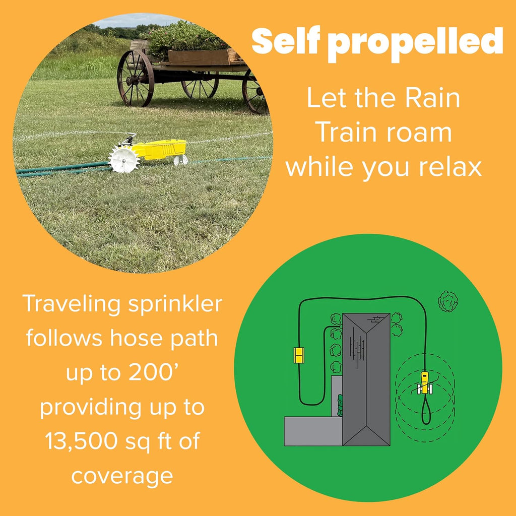 Nelson Rain Train 13,500 Square Feet Cast Iron Outdoor Lawn Traveling Water Sprinkler For Yard, And Garden, With Auto Shut Off, Yellow