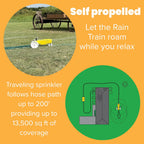 Nelson Rain Train 13,500 Square Feet Cast Iron Outdoor Lawn Traveling Water Sprinkler For Yard, And Garden, With Auto Shut Off, Yellow
