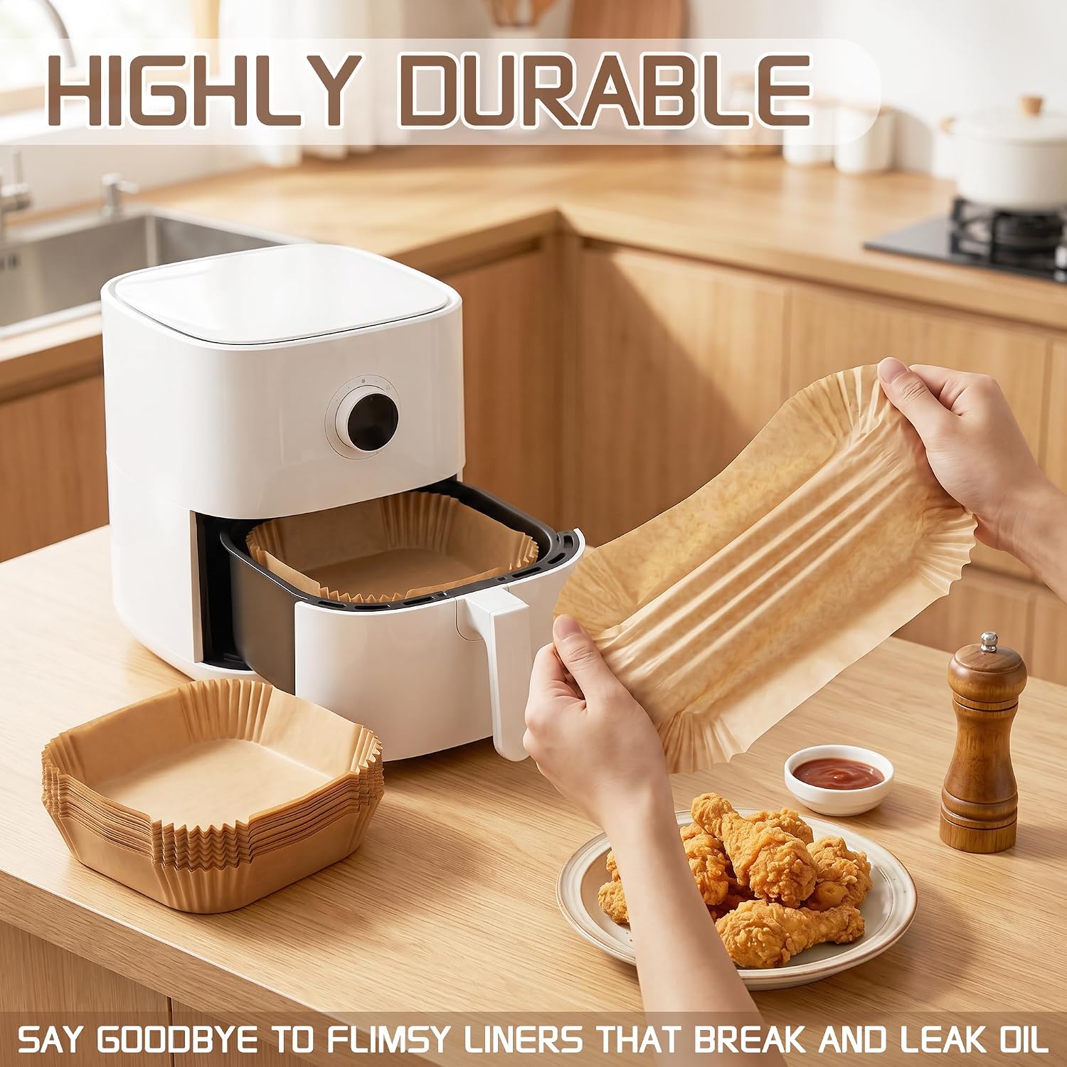 Disposable Air Fryer Liners 8 Inch, 125 Pcs Unbleached Parchment Paper For Air Fryer Basket, Non-Stick, Oil Resistant, Easy Cleanup, Square Liners For 5-8 Qt