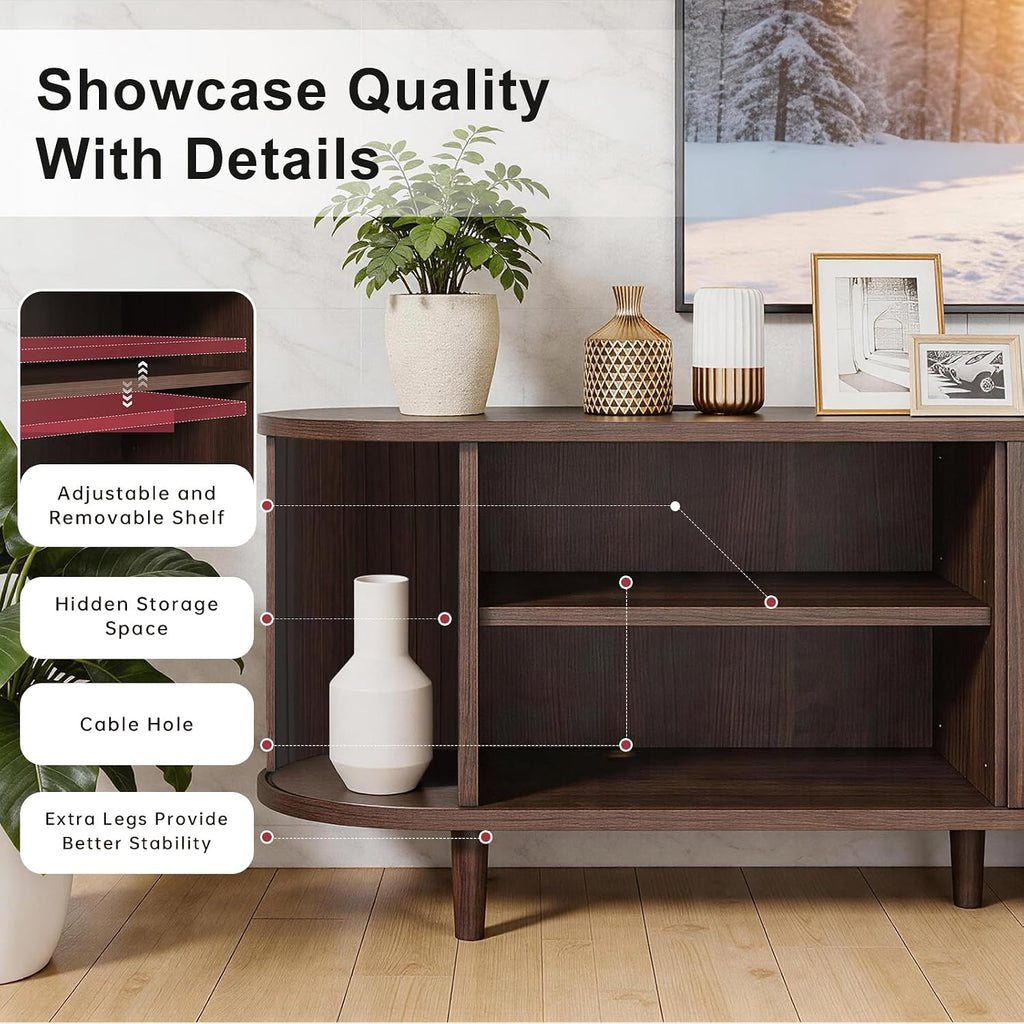 70" Mid Century Modern Tv Stand, Wood Tv Consoles With Sliding Doors And Power Outlet, Entertainment Center With Adjustable Shelves, Fluted Tv Stands For Living Room, Walnut