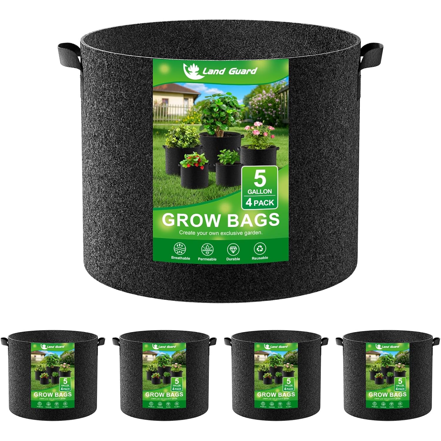 Land Guard 4-Pack Fabric Grow Bags 5 Gallon, Thickened Nonwoven Garden Pots, Growing Bags With Handles, Black