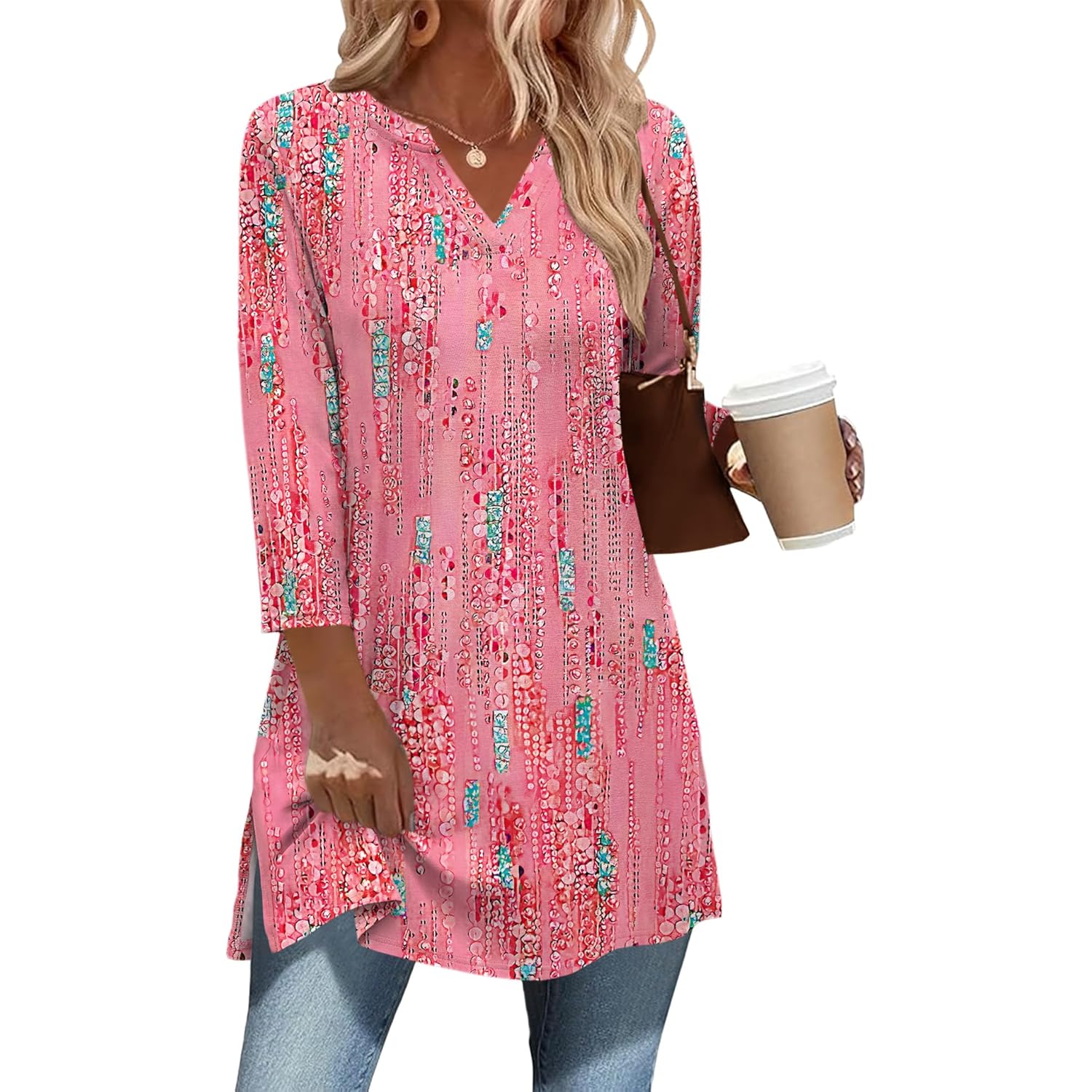 3/4 Length Sleeve Womens Tops Dressy Casual Plus Size V Neck Tunics to Wear with Leggings Side Slit Shirt
