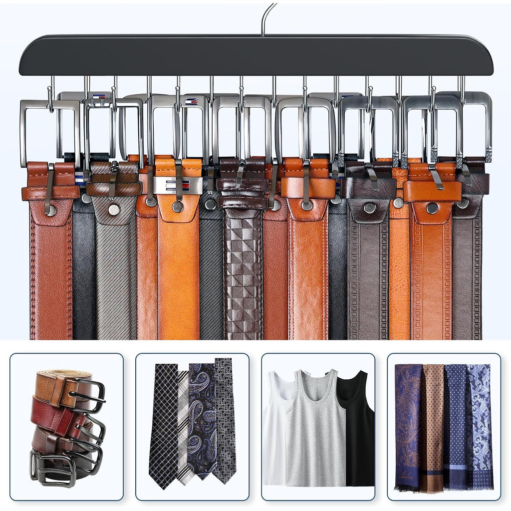 Belt Hanger For Closet Max 42 Belts, Sturdy Wood Belt Rack Closet Accessories With 14 Hooks Belt Organizer For Closet Organizers And Storage -Black 1 Pack
