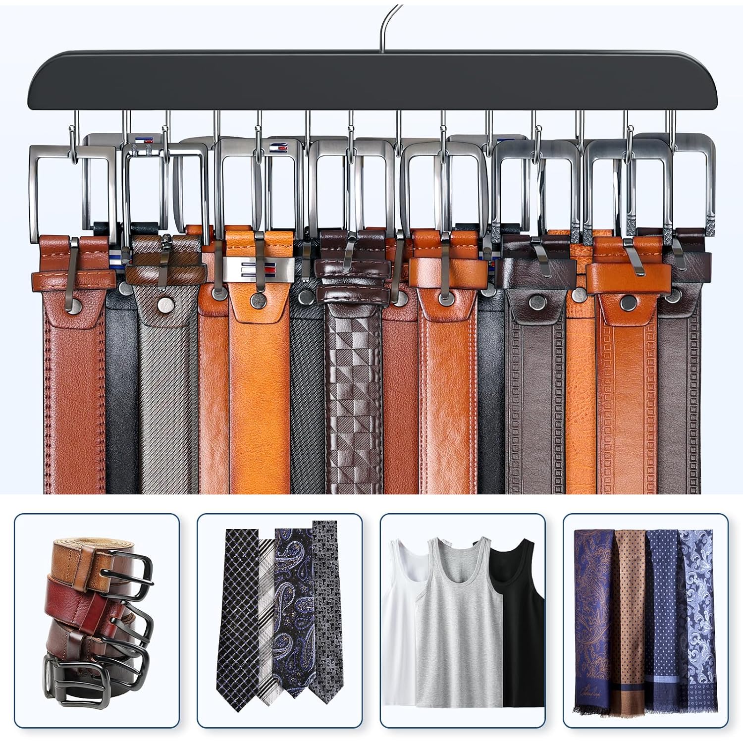Belt Hanger For Closet Max 42 Belts, Sturdy Wood Belt Rack Closet Accessories With 14 Hooks Belt Organizer For Closet Organizers And Storage -Black 1 Pack