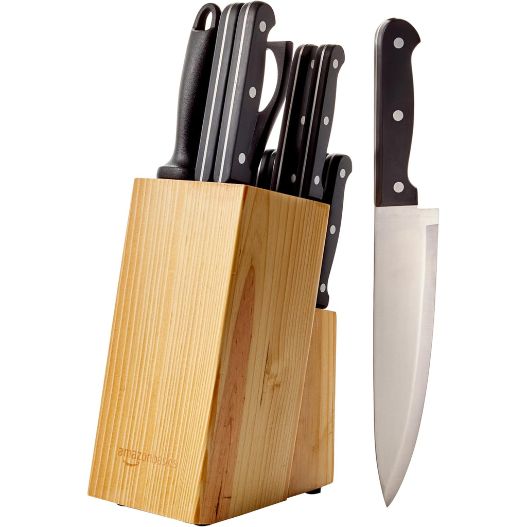 Amazon Basics 14-Piece High Carbon Stainless Steel Kitchen Knife Set with Full Tang Construction, Ergonomic Handles, Sharpener and Pinewood Block, Black