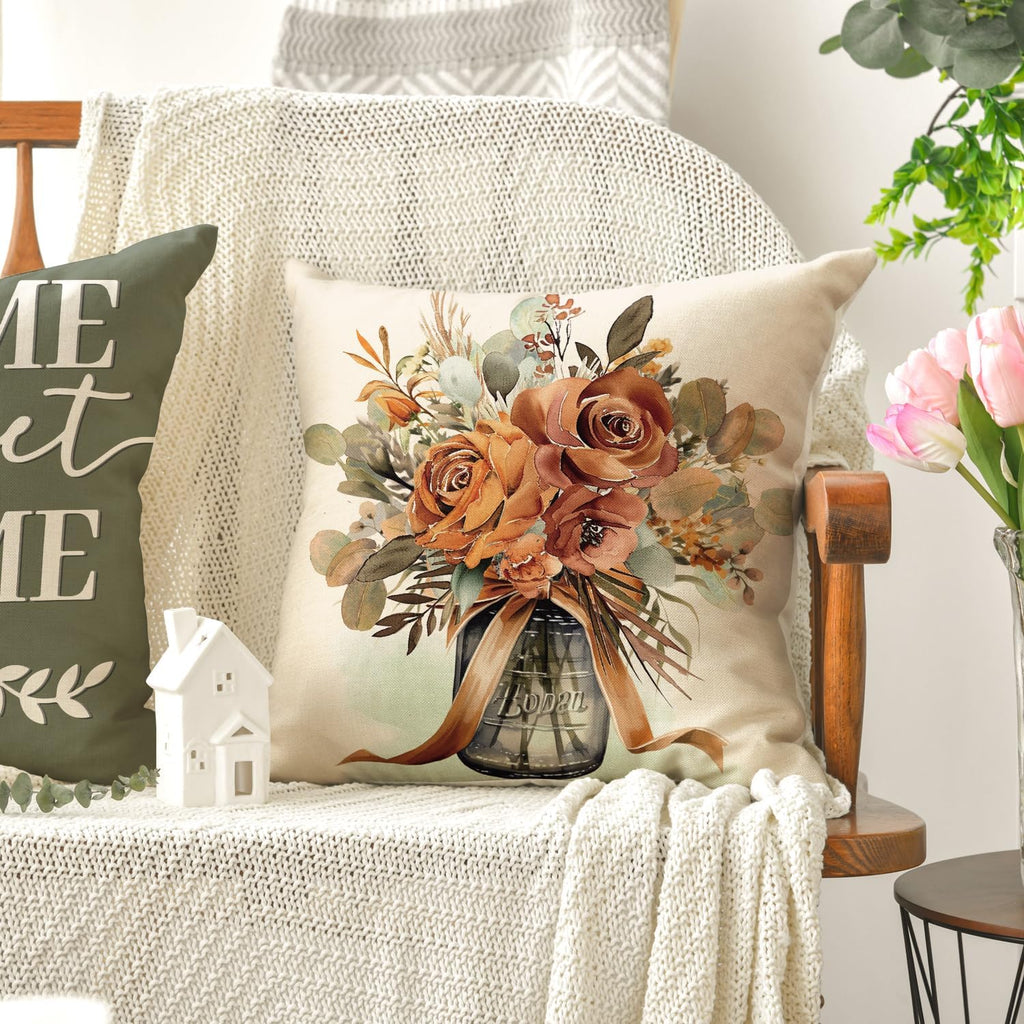 AVOIN colorlife Spring Home Sweet Home Terracotta Sage Throw Pillow Covers, 18 x 18 Inch Seasonal Fall Eucalyptus Floral Motto Cushion Case for Sofa Couch Set of 4