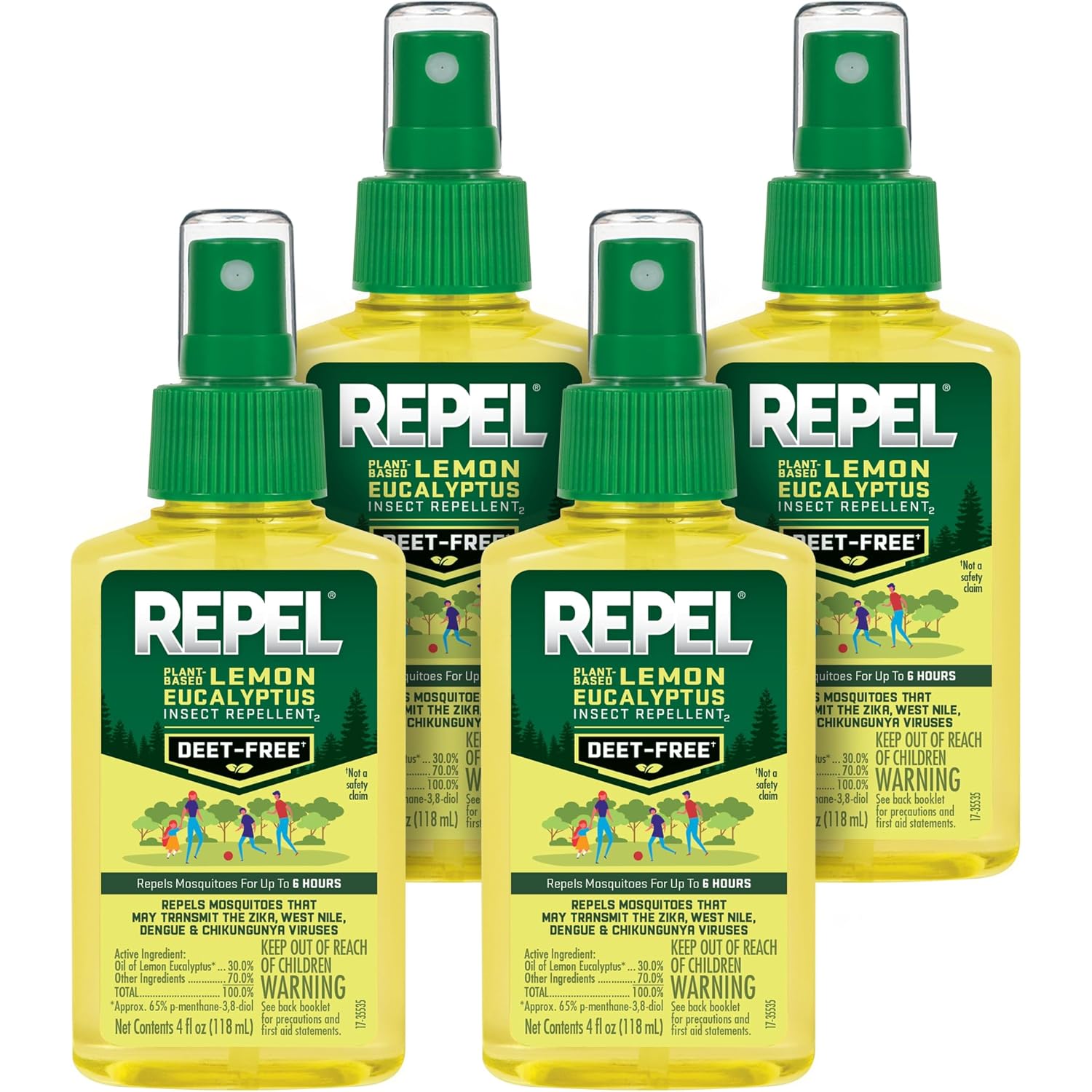 Repel Plant-Based Lemon Eucalyptus Mosquito And Insect Repellent, 4 Ounces, Deet-Free Bug Spray Insect Repellent Repels Mosquitoes For 6 Hours With Plant-Based Ingredients, 4 Pack