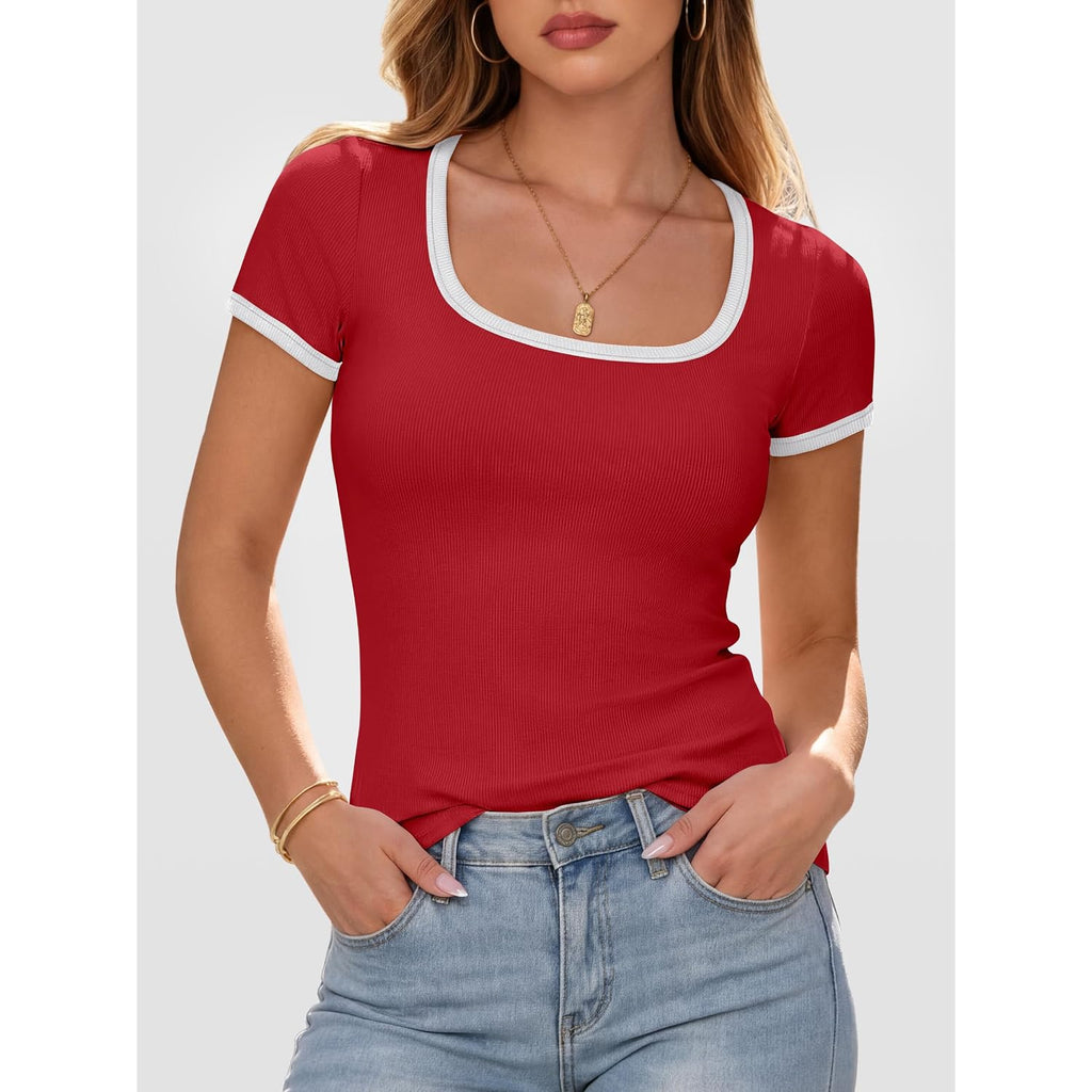 Anrabess Women Short Sleeve Tops Square Neck Ribbed Knit Color Block T Shirts Fitted Casual Summer 2026 Trendy Basic Tees