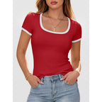 Anrabess Women Short Sleeve Tops Square Neck Ribbed Knit Color Block T Shirts Fitted Casual Summer 2026 Trendy Basic Tees