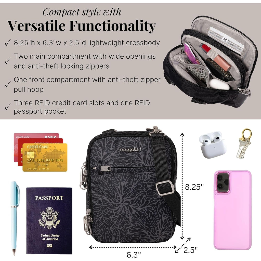 Baggallini Securtex® Anti-Theft Mini Everything Crossbody Bag, 6.3"X8.25" Rfid, Locking Zippers & Cut-Resistant Strap