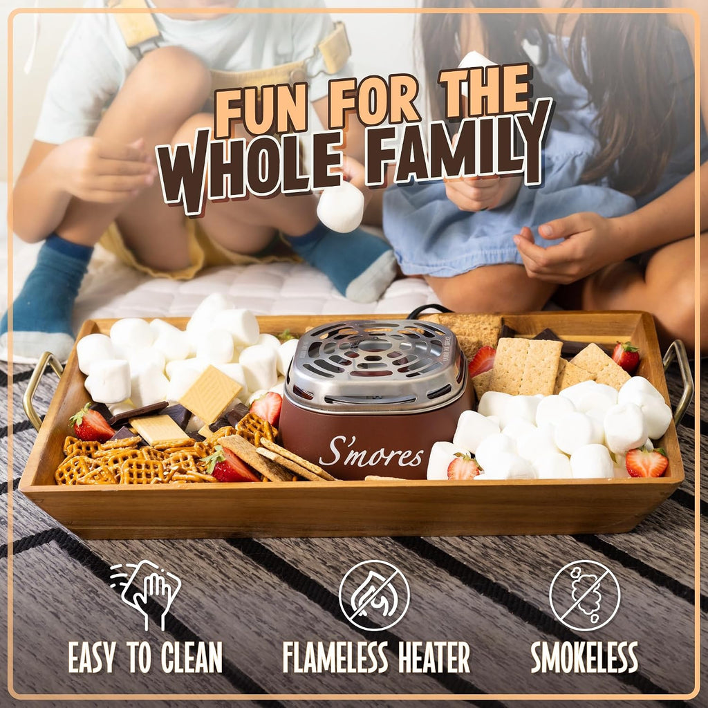 Nostalgia Tabletop Indoor Electric S'Mores Maker - Smores Kit With Marshmallow Roasting Sticks And 4 Trays For Graham Crackers, Chocolate, And Marshmallows - Movie Night Supplies - Brown