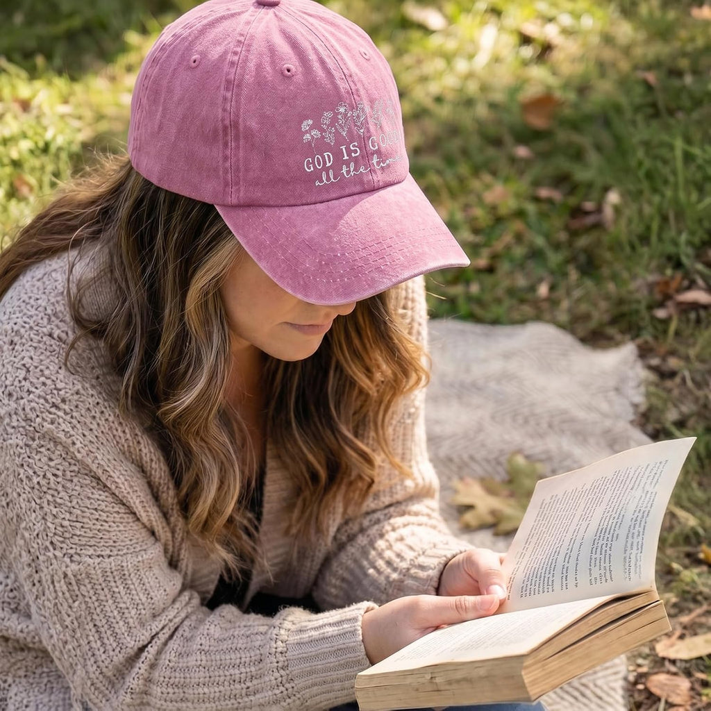 God is Good Christian Jesus Hats for Women Faith Religous Hat Adjustable Embroidered Vintage Washed Baseball Caps Pink