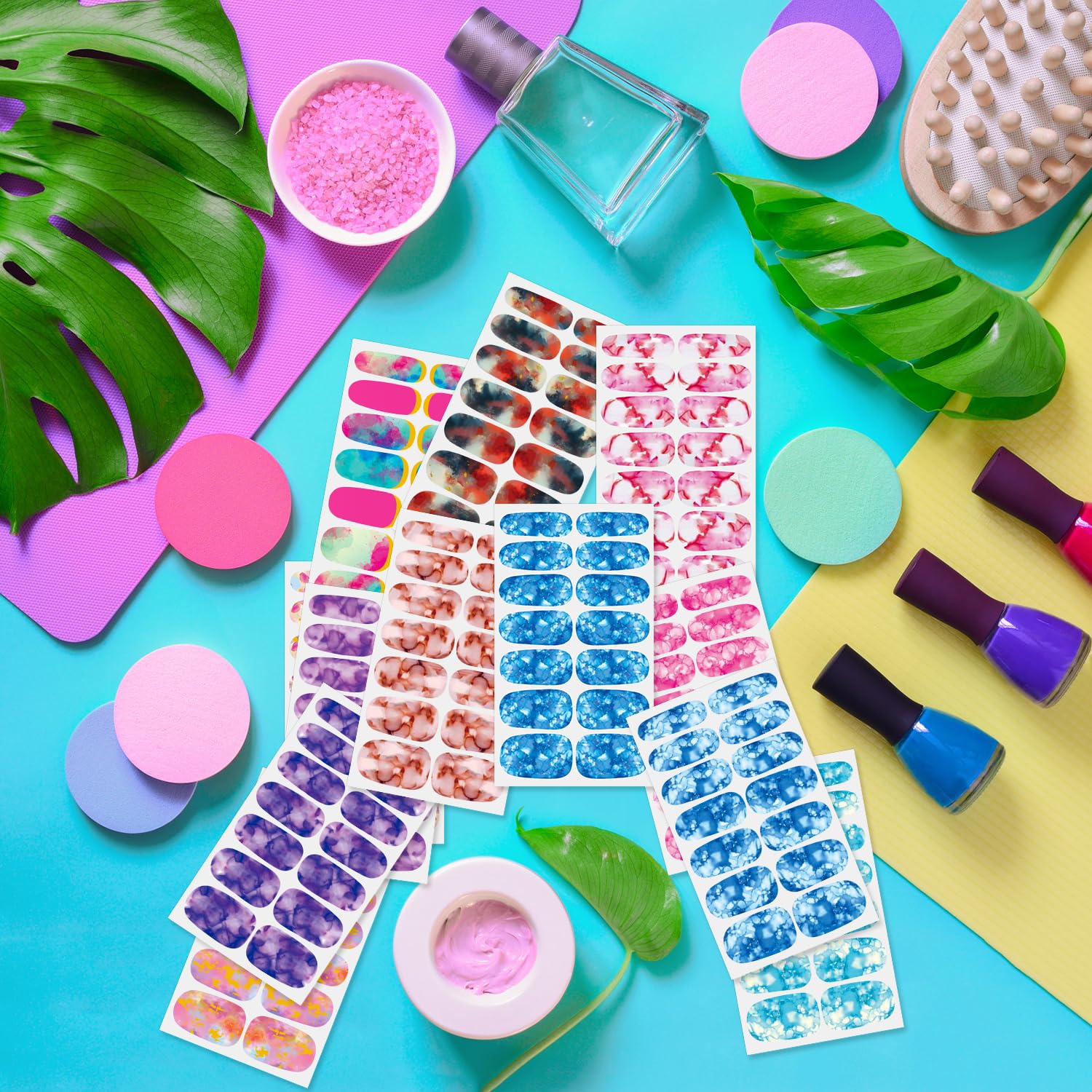 12 Sheets Iridescent Marble Nail Polish Stickers Full Nail Wraps for Women, Blue, Acrylic, Modern Style, Nail Art Stickers and Decals, Glossy Finish, 168 Pieces