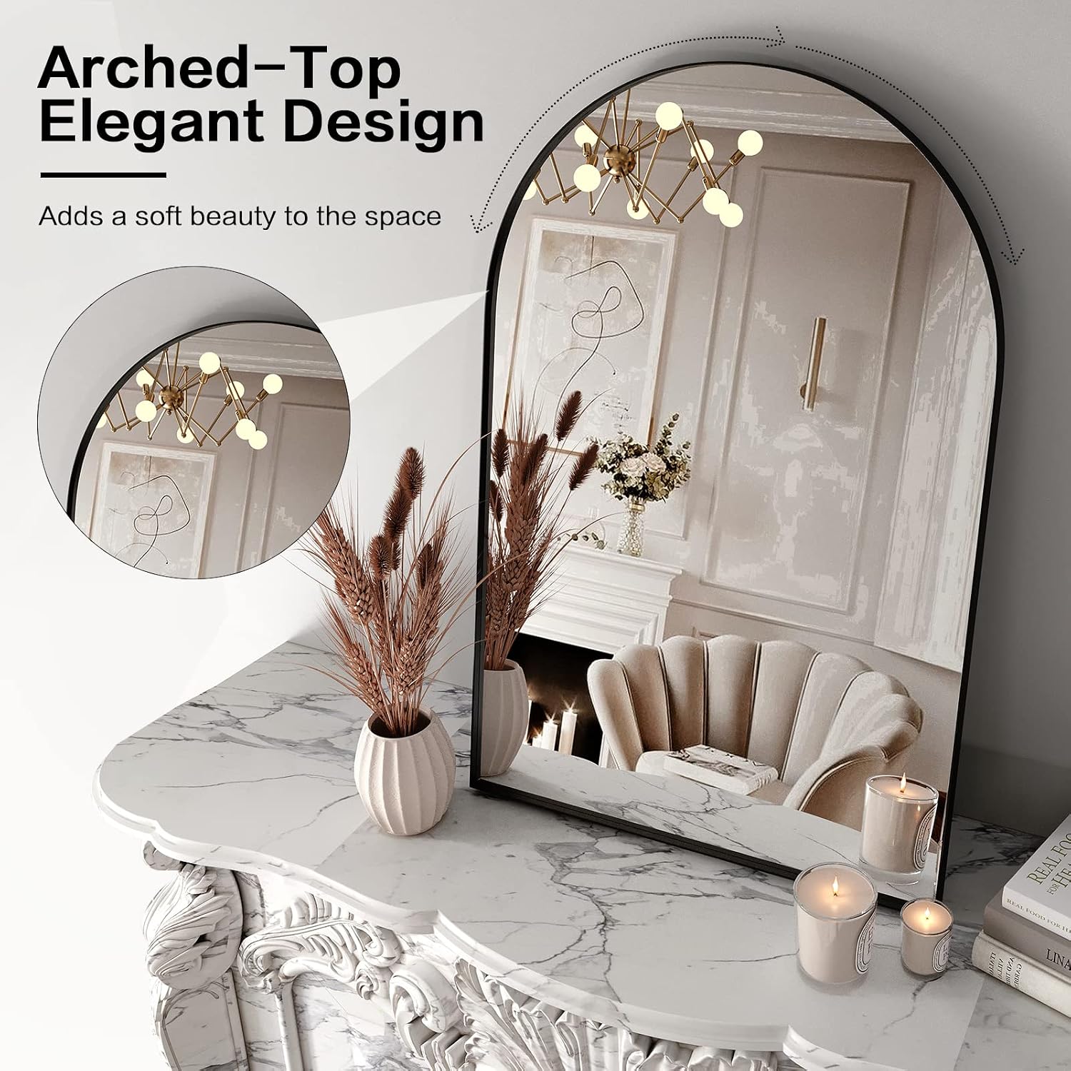 Brightify Arched Mirror, Arched Wall Mirror, 22 X 30 Inch Black Arch Mirror, Metal Frame Black Bathroom Mirror, Arched Top Bathroom Vanity Mirror For Living Room Bedroom Mantel Entryway Hallways