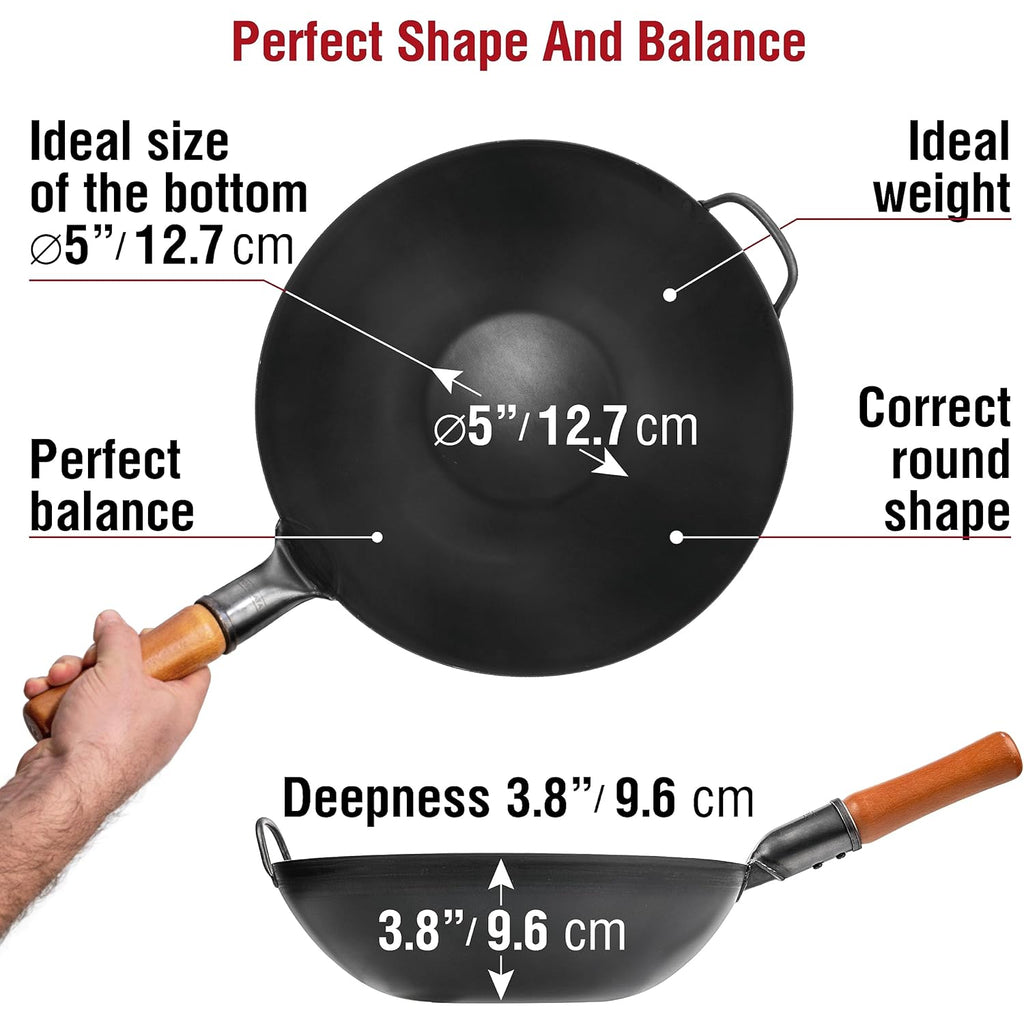YOSUKATA 13.5" Carbon Steel Wok Pan – Pre-Seasoned Flat Bottom Pow Wok for Stir Fry, BBQ, Grill & Camping – Traditional Japanese Chinese Cookware – Compatible with Induction, Electric, Gas, Open Fire