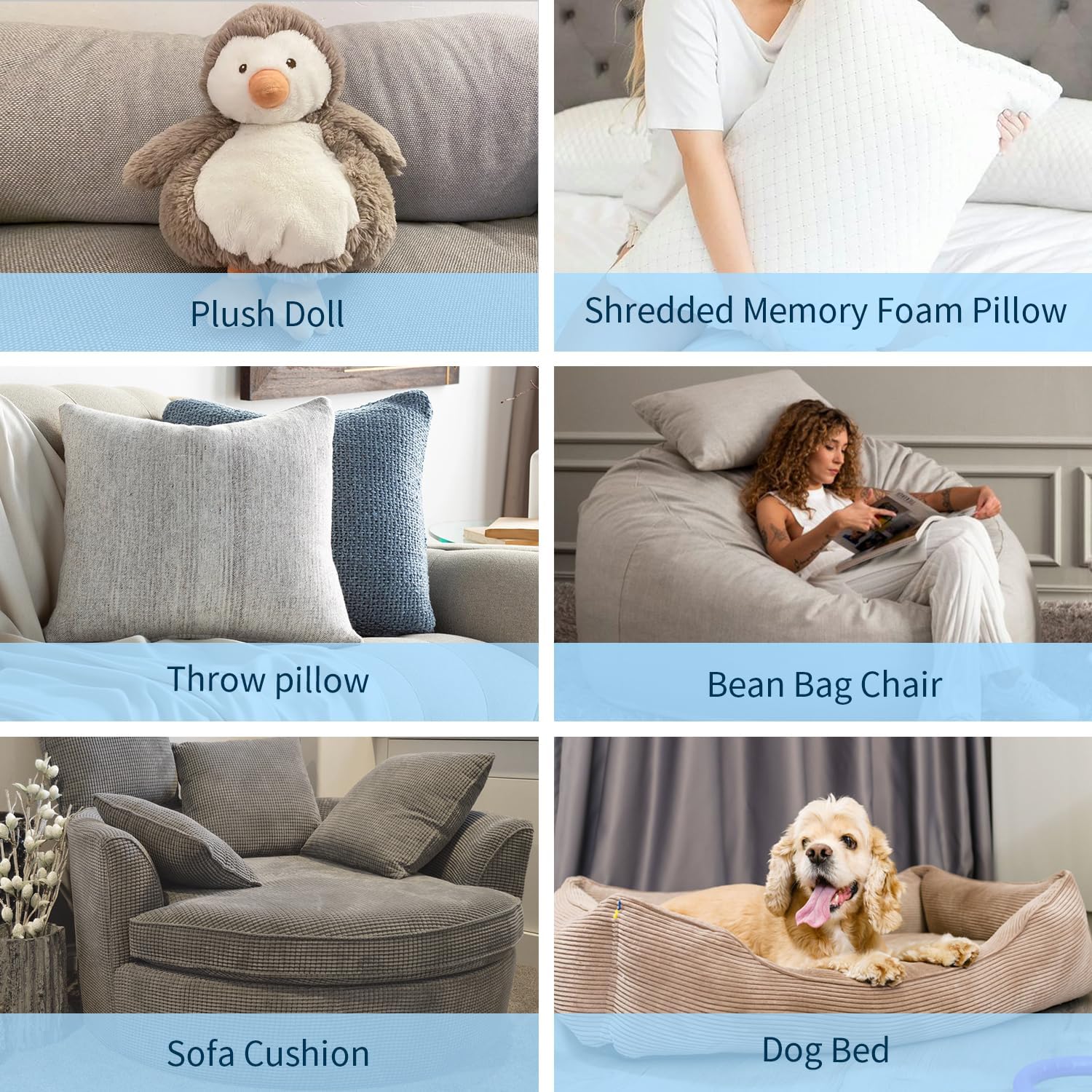 Bean Bag Filler, 10Lbs Shredded Memory Foam Filling, Soft Pillow Stuffing Bean Bag Refill Foam For Couch, Cushion, Stuffed Animals, Dog Bed, Arts Crafts
